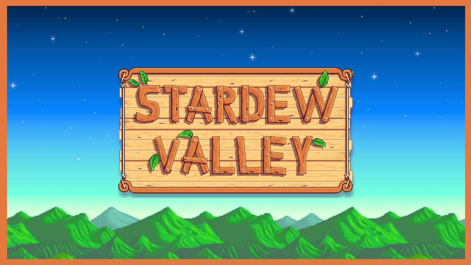 星空暮色天空下綠色山丘前的 Stardew Valley 木牌。