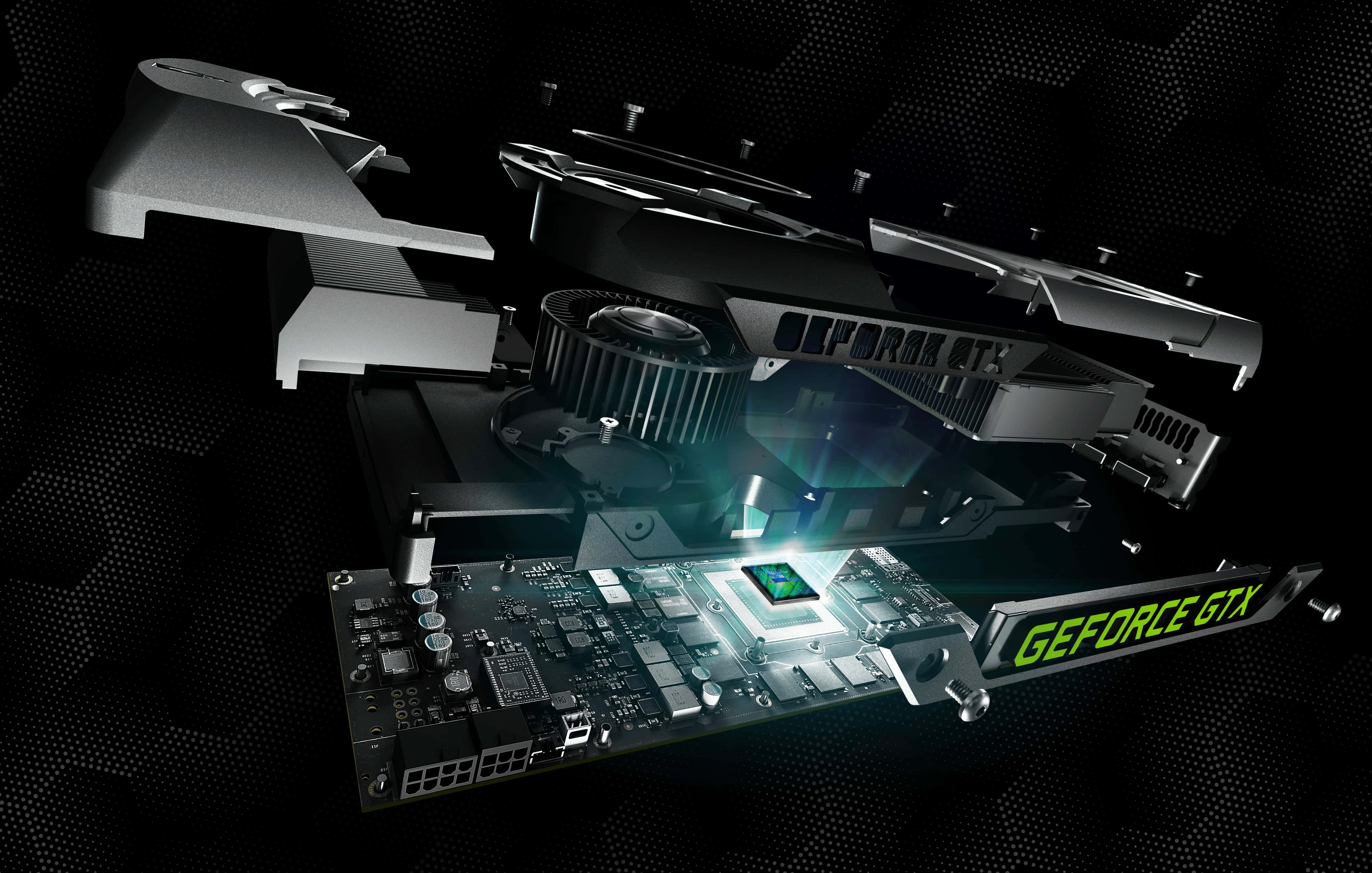 4K Graphics Cards 桌布 壁紙 — 一塊已拆解的NVIDIA GeForce GTX顯示卡，帶有發光綠色點綴和金屬組件，背景為深色六邊形。