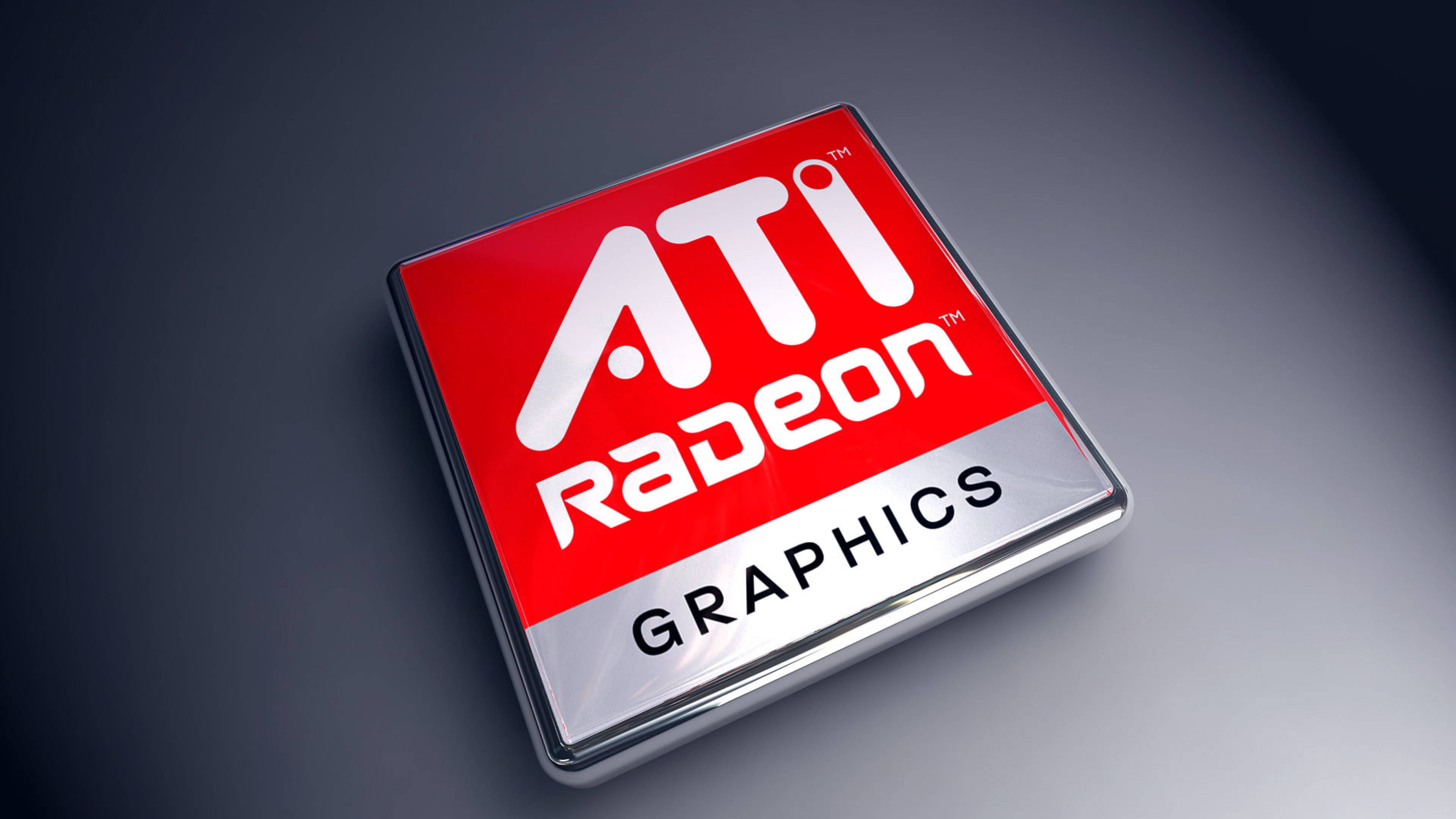 4K 桌布 壁紙 — 一塊帶有紅色、白色和銀色品牌標識的光澤ATI Radeon Graphics晶片，置於深色漸變背景上。