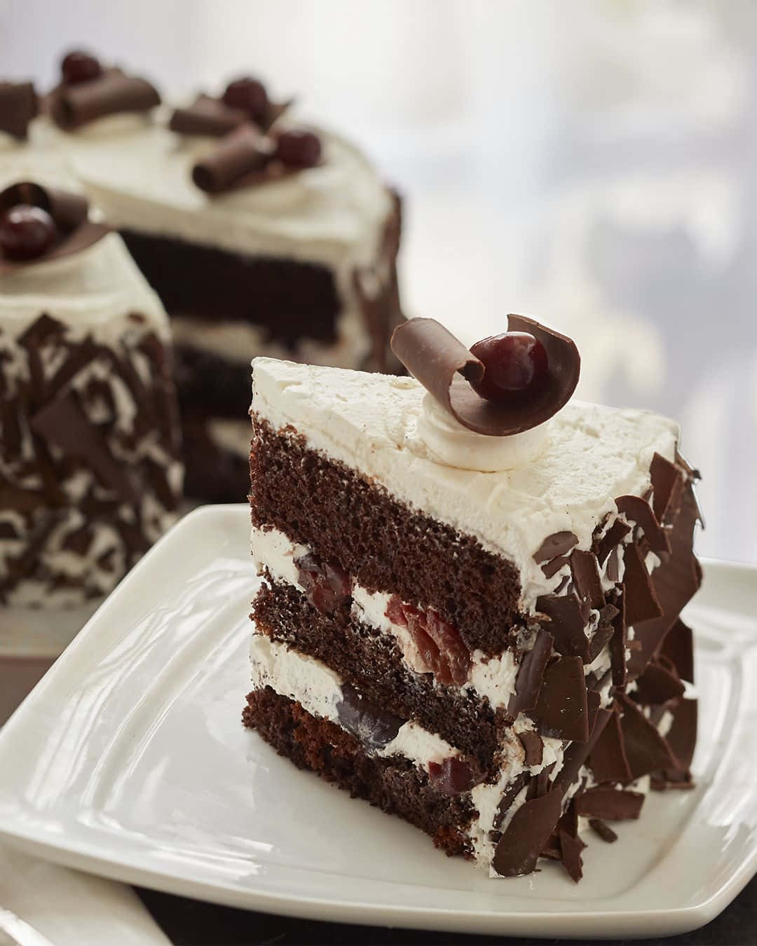 Black Forest Cake 桌布 壁紙 — 一塊放在白色碟上、帶有奶油餡料和櫻桃裝飾的頹廢多層朱古力蛋糕切片。