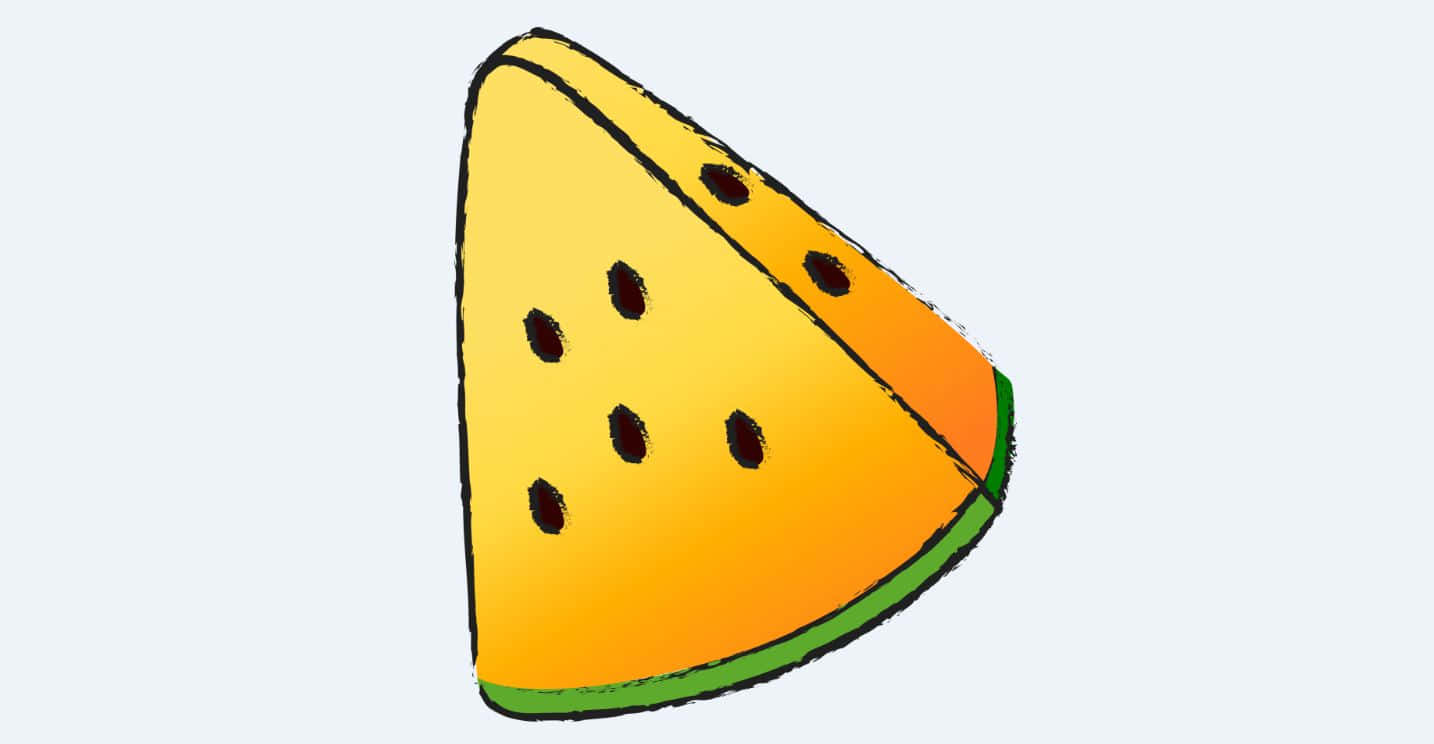 Yellow Triangle 桌布 壁紙 — 一塊明亮的卡通西瓜片，帶有黑色種子和綠色外皮，背景為淺灰色。