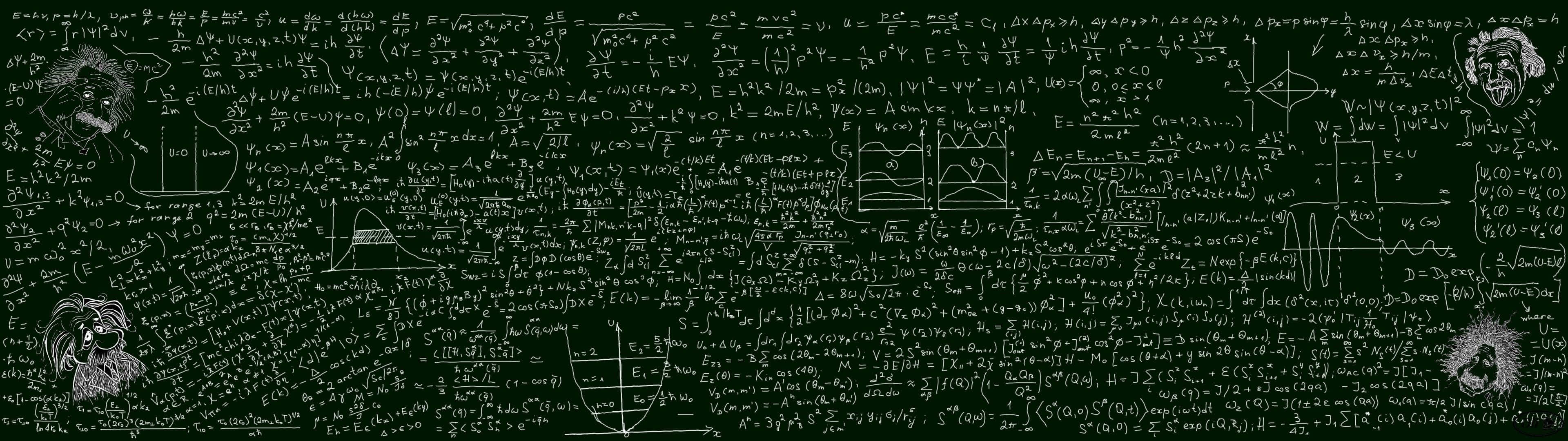 Physics 桌布 壁紙 — 一塊深綠色黑板，上面寫滿複雜的物理方程式和愛因斯坦與霍金的素描。