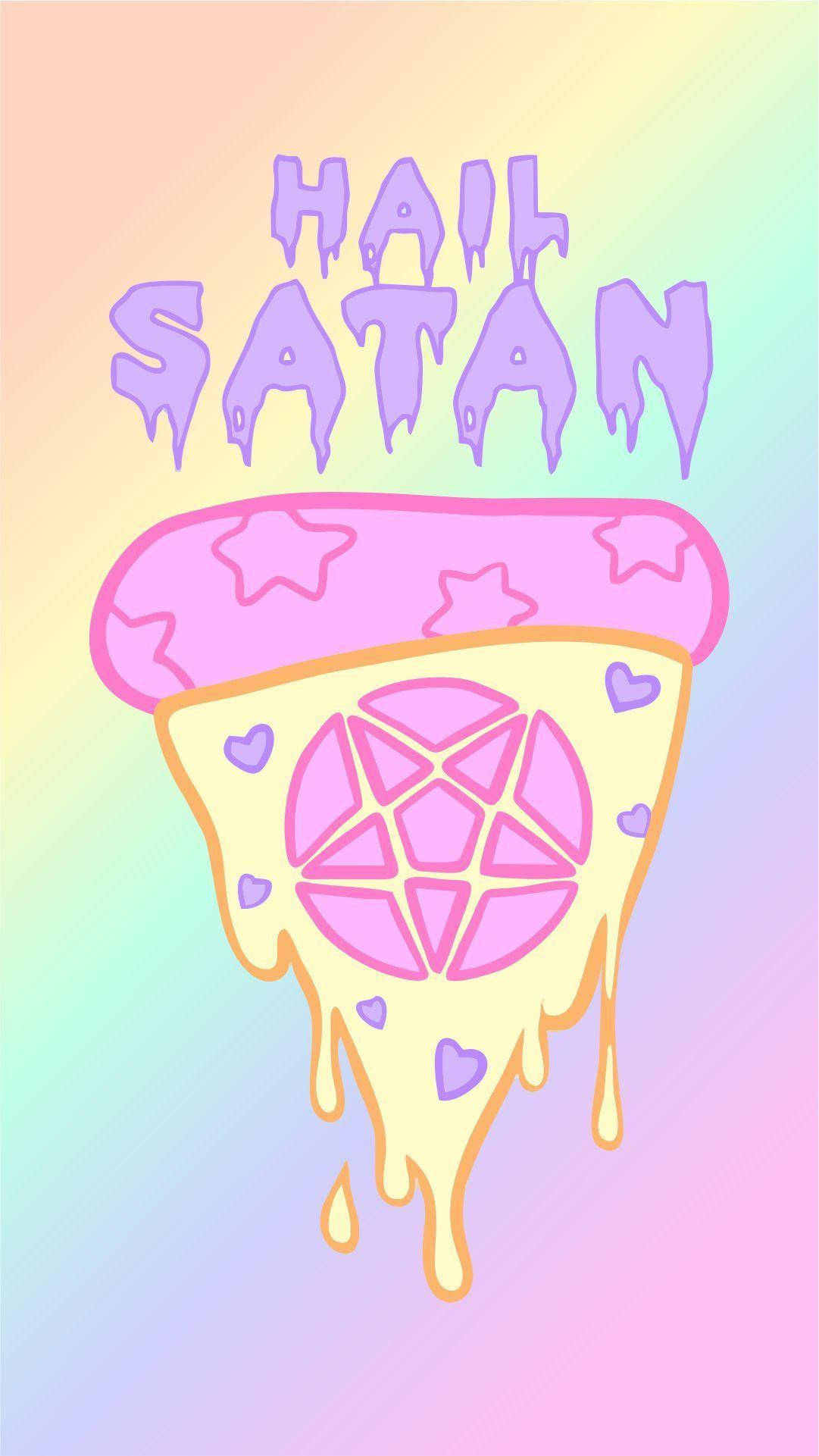 _pastel_gore_gothic_art_hail_satan 壁紙 — 一塊滴著粉色醬汁的薄餅，上面有倒五角星和心形圖案，背景是柔和彩虹漸變色，並帶有「Hail Satan」文字。