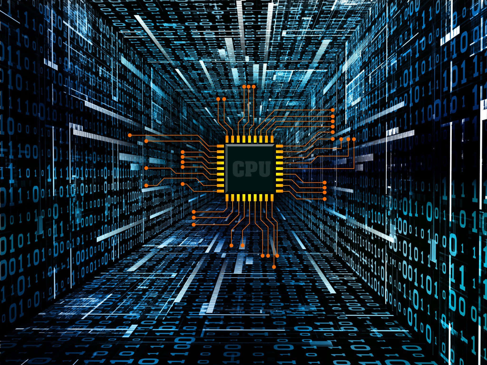 3d Technology 桌布 壁紙 — 一塊發光的CPU晶片位於一個由藍色和橙色流動二進制代碼排列而成的數碼隧道中心。