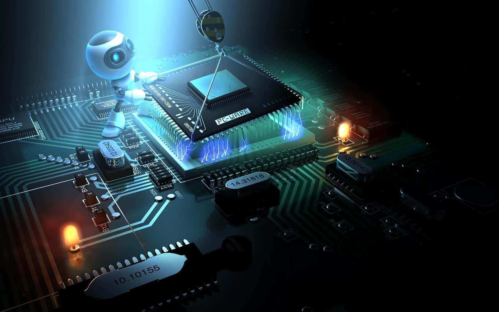 Electronics 桌布 壁紙 — 一塊發光的藍綠色電路板，在戲劇性的燈光下，一個小機械人正在檢查中央處理器。