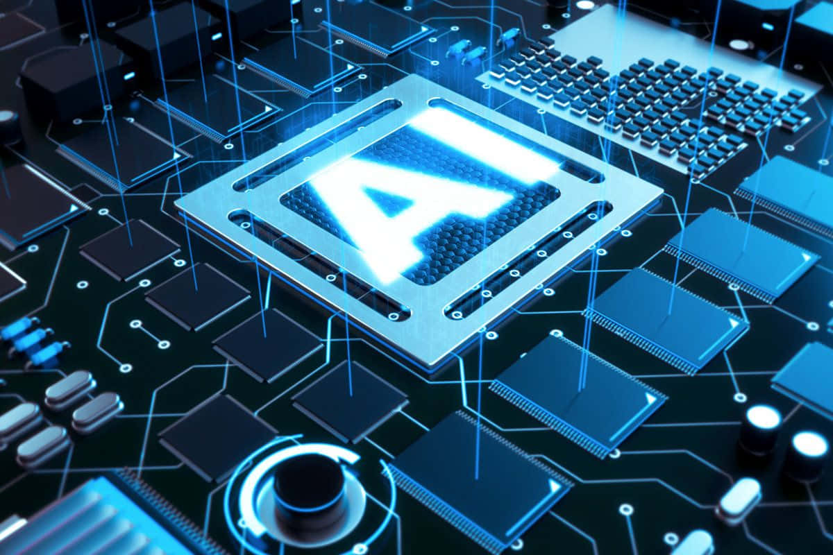 Gaming AI 桌布 壁紙 — 一塊發光的藍色AI晶片在充滿未來感的電路板中央脈動著能量，電路板沐浴在霓虹燈光中。