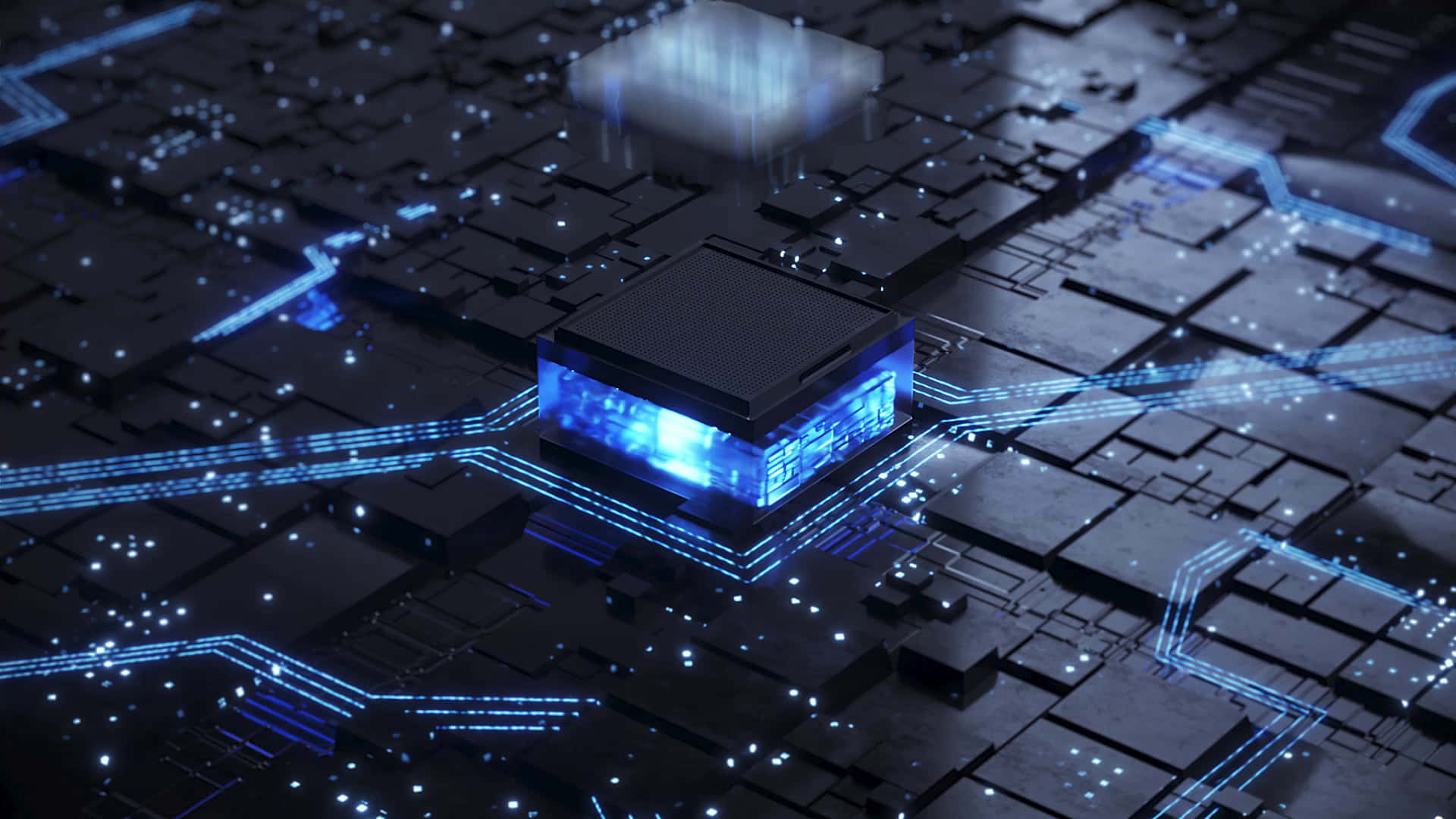 3d Technology 桌布 壁紙 — 一塊發光的藍色微晶片在黑暗的電路板上脈動著能量，被霓虹藍色的數據流照亮。