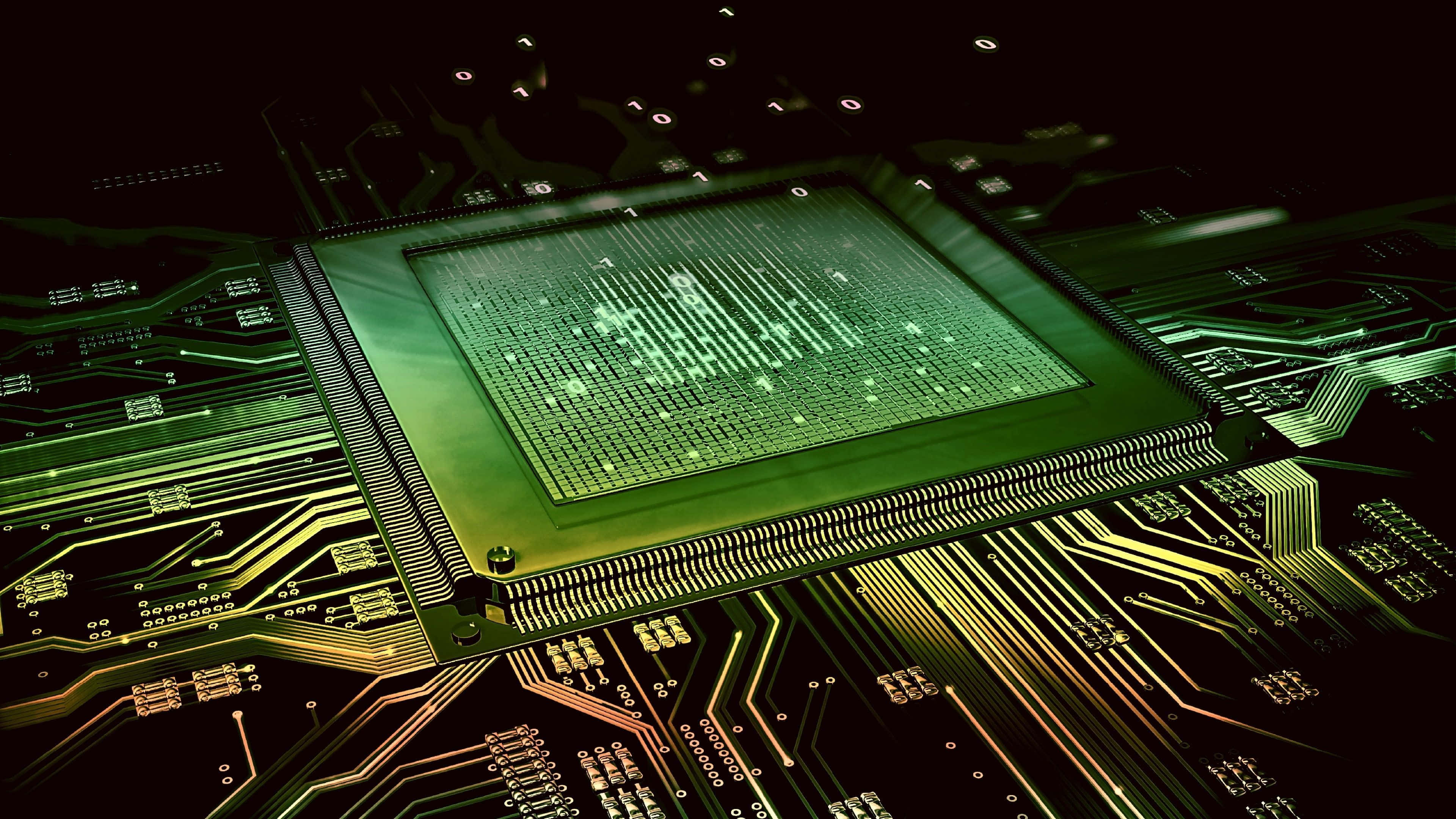 Electronics 桌布 壁紙 — 一塊發光綠色微芯片，位於電路板中央，帶有複雜的金色路徑，在深色背景下向外輻射。