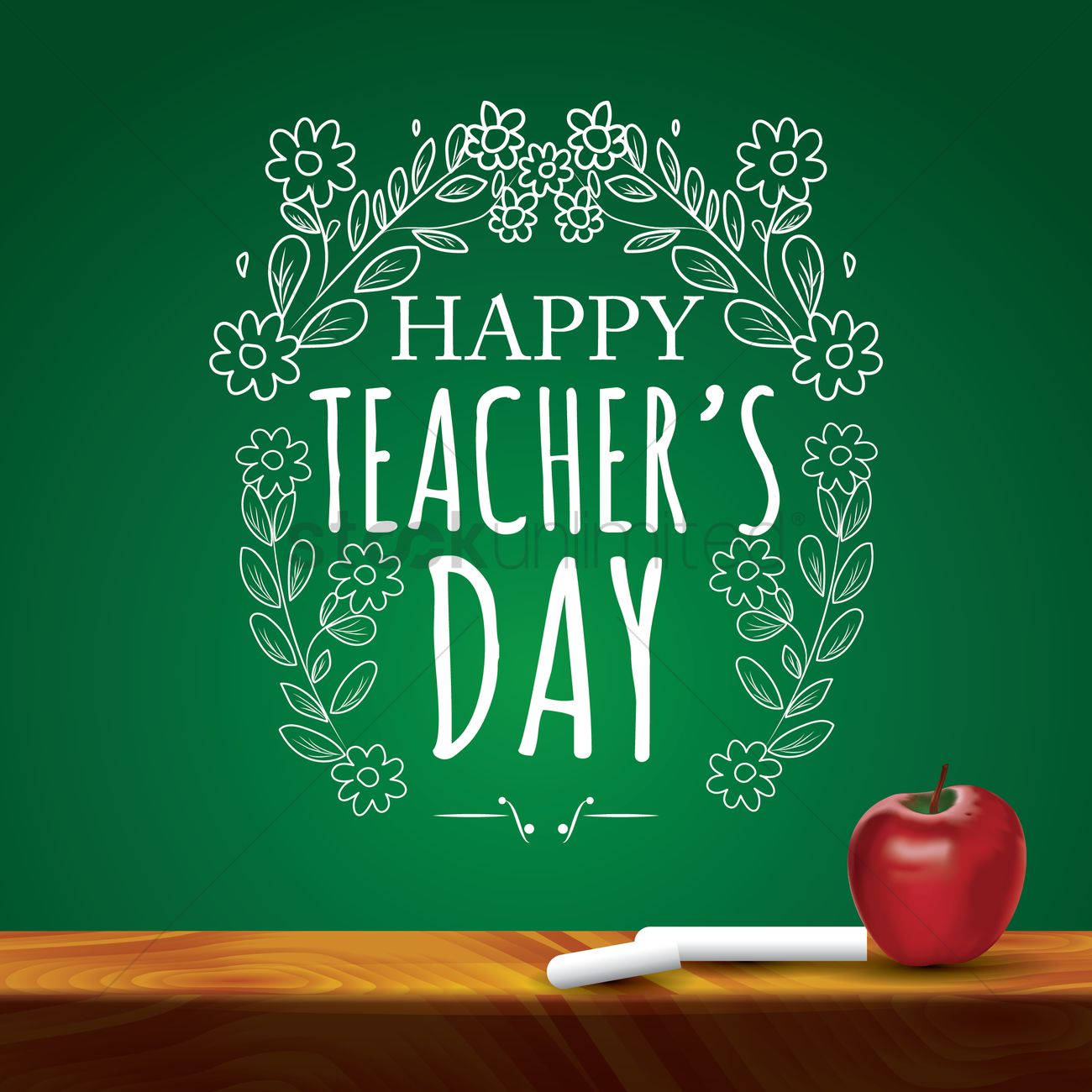 蘋果 桌布 壁紙 — 一塊節日氣氛的綠色黑板，以白色字體顯示「HAPPY TEACHER'S DAY」，周圍有花卉塗鴉，下方木桌上放著一個紅蘋果和粉筆。