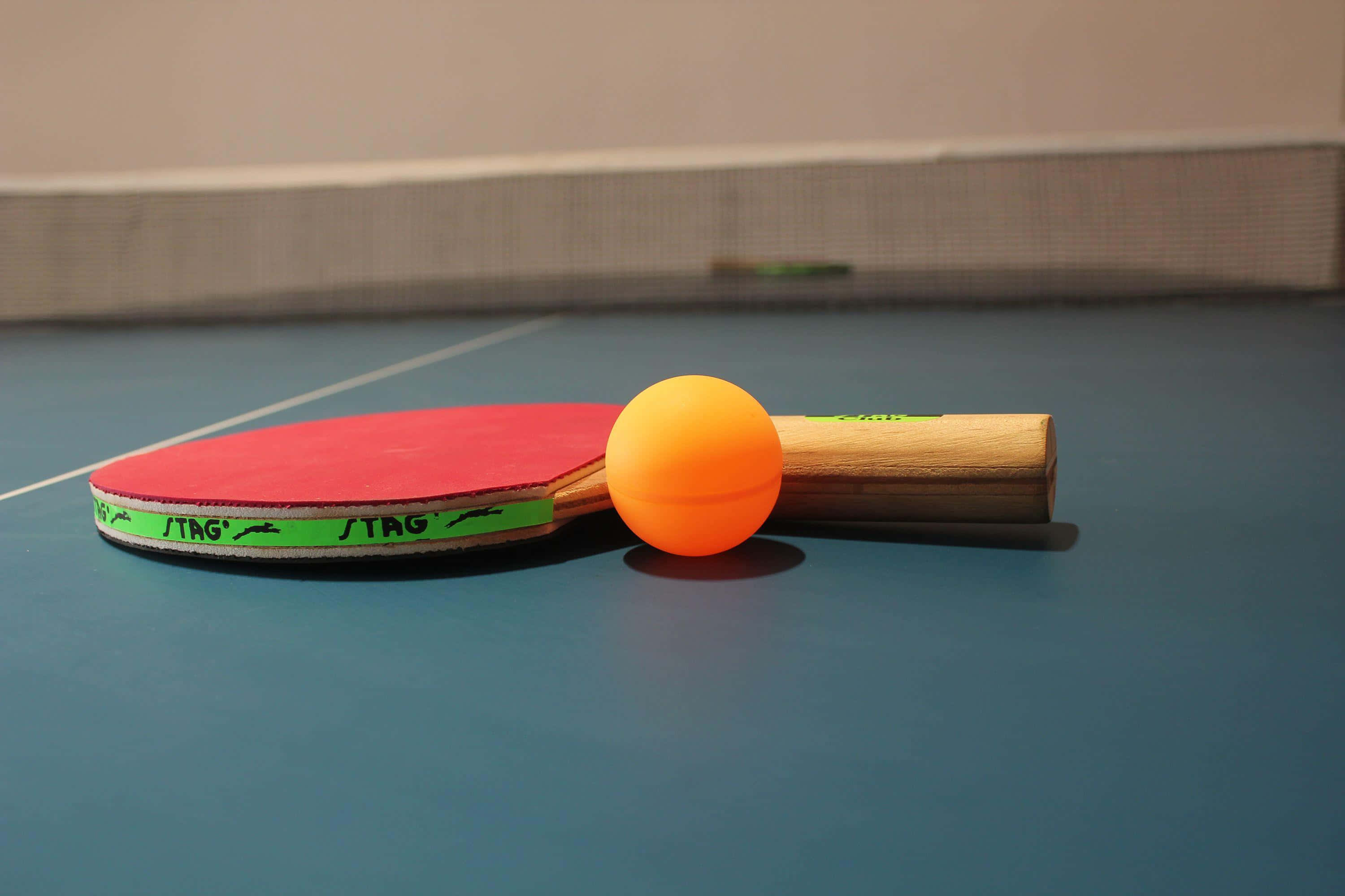 Table Tennis 桌布 壁紙 — 一塊紅綠色的乒乓球拍放在一張有白線的藍色桌子上，旁邊有一個鮮橙色的乒乓球。