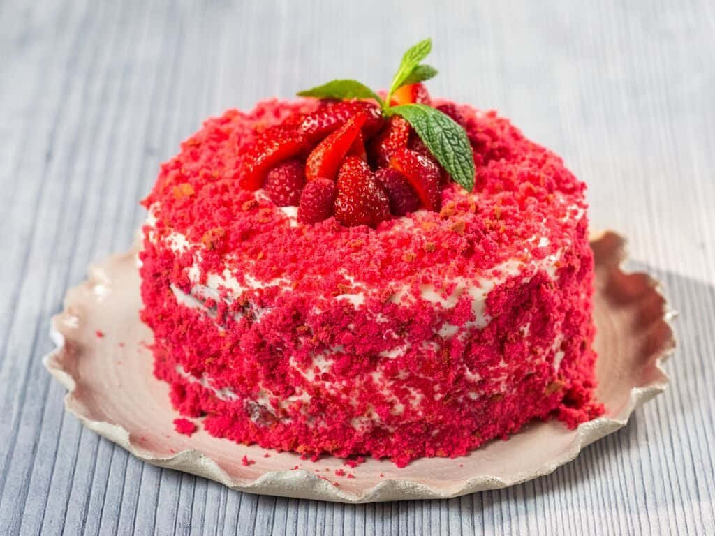 Red Velvet Cake 桌布 壁紙 — 一塊鮮艷的紅絲絨蛋糕，上面鋪滿新鮮草莓和薄荷葉，放在扇貝邊碟子上，背景是淺色木質。