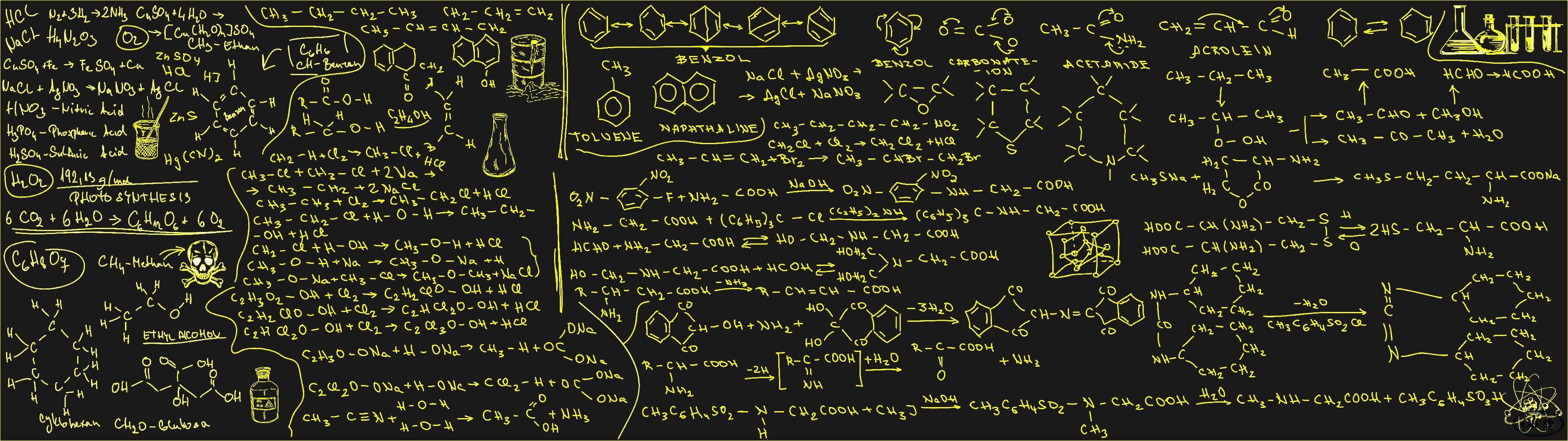 Chemistry 桌布 壁紙 — 一塊黑板，上面佈滿發光的黃色化學公式、方程式和分子結構，背景為深色。