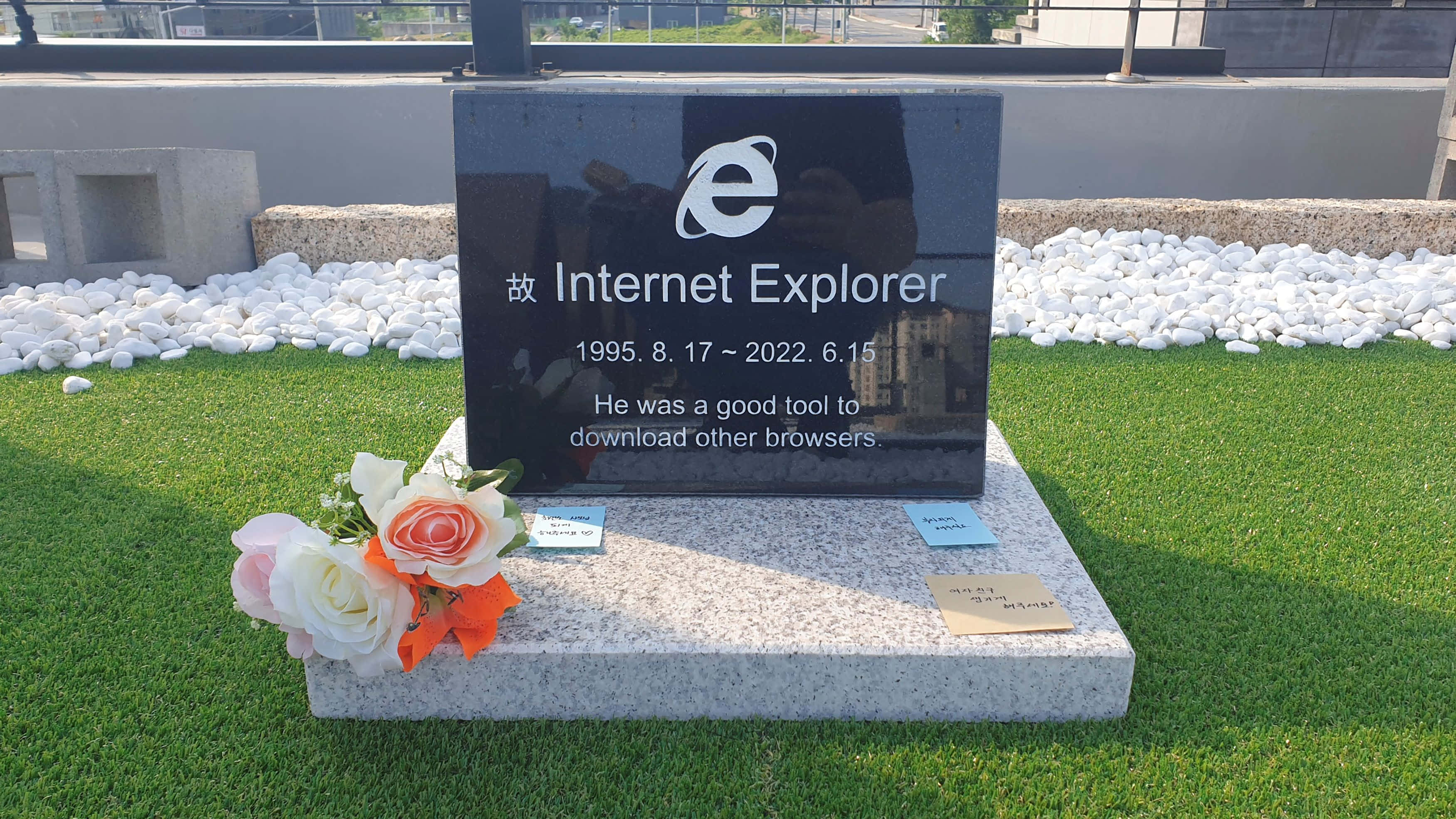 Gravestone 桌布 壁紙 — 一塊黑色的Internet Explorer墓碑矗立在草地上，底部放置了白色鵝卵石和鮮花。