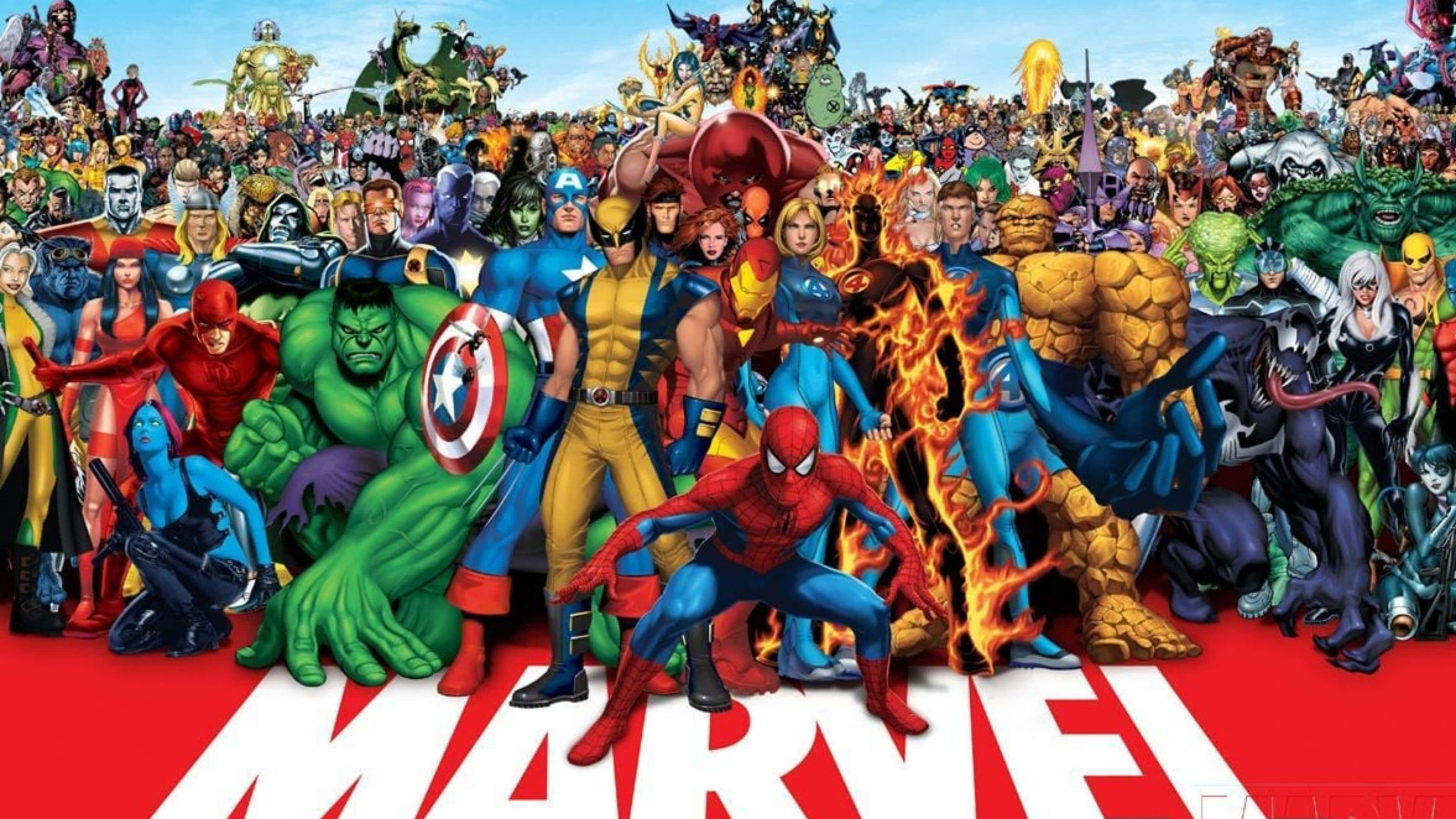 4K Marvel 壁紙 桌布 壁紙 — 一大群Marvel超級英雄和反派一起在紅地毯上擺姿勢，下方有Marvel標誌。