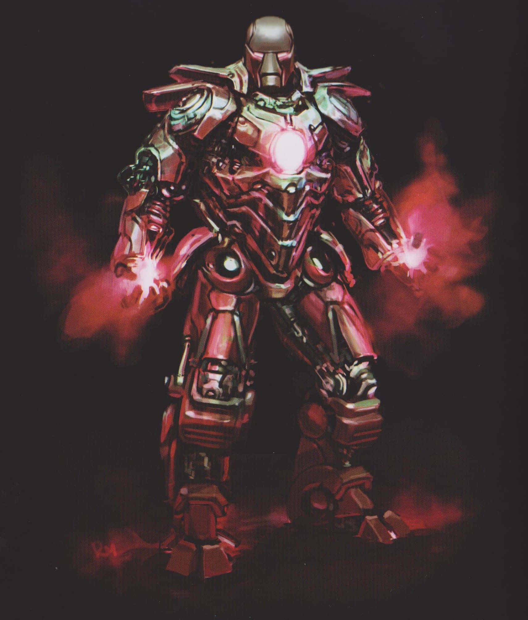 Iron Monger 桌布 壁紙 — 一套帶有威脅性的紅色和金色裝甲套裝站在黑暗中，雙手和胸部發光，被煙霧般的能量包圍。