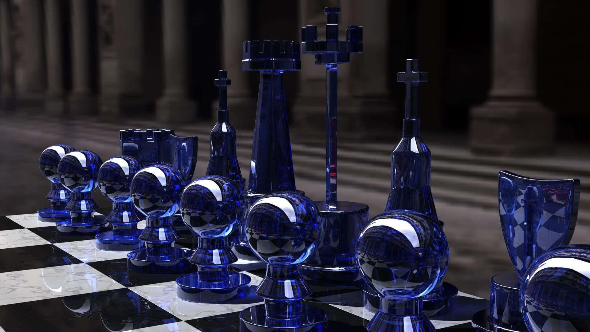 一套放有藍色玻璃棋子的國際象棋 壁紙