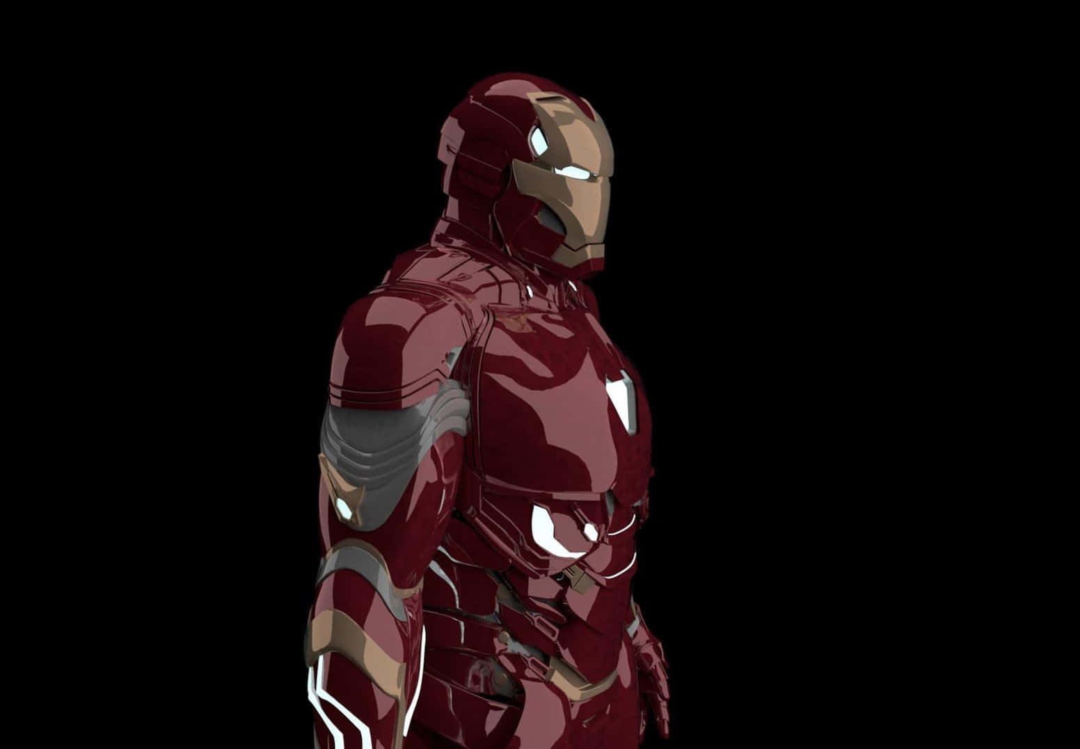 Iron Man Suit 桌布 壁紙 — 一套時尚的紅色和金色裝甲服，在純黑色背景前以側面站立，帶有發光的白色眼睛和胸部燈光。