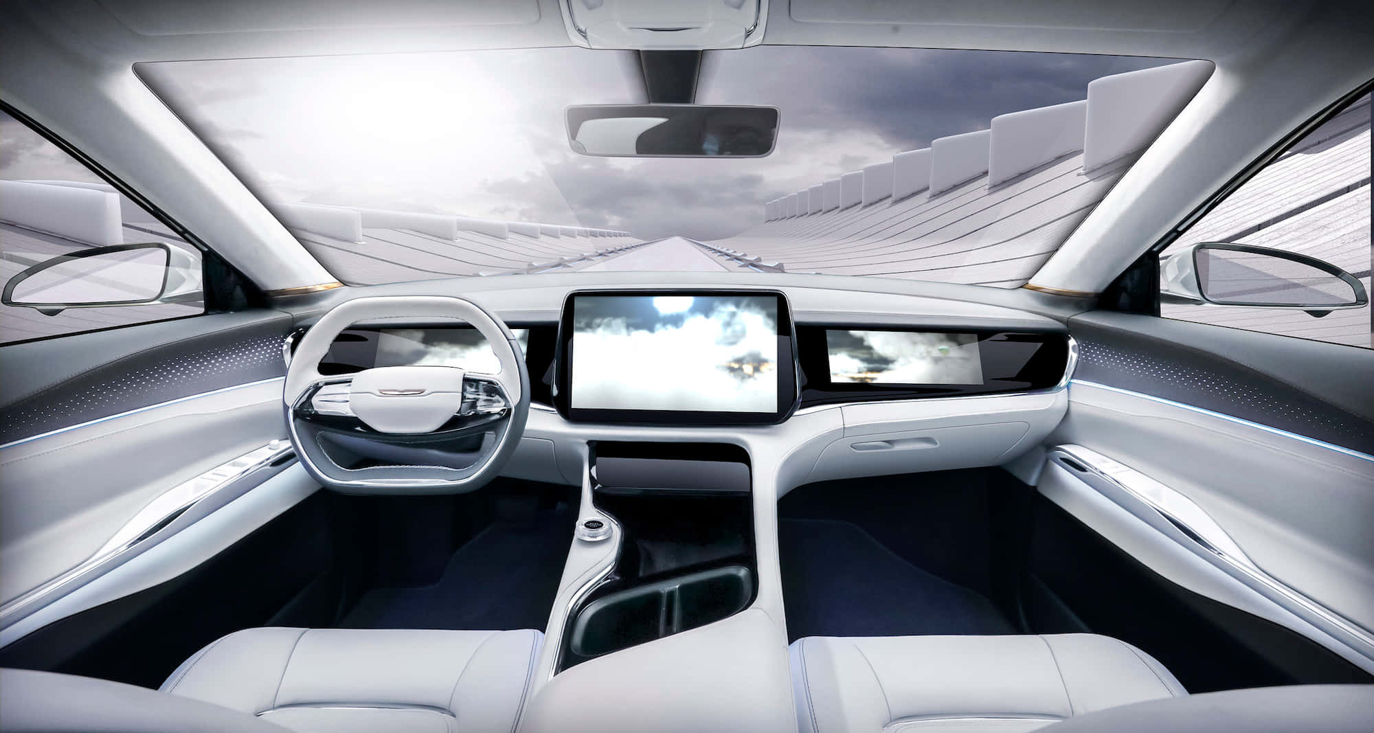 一字之鑑：奢華。Chrysler 300 準備登頂 壁紙 — 未來感車廂內部，配備白色皮革座椅和數碼儀表板，位於全景玻璃天窗之下。