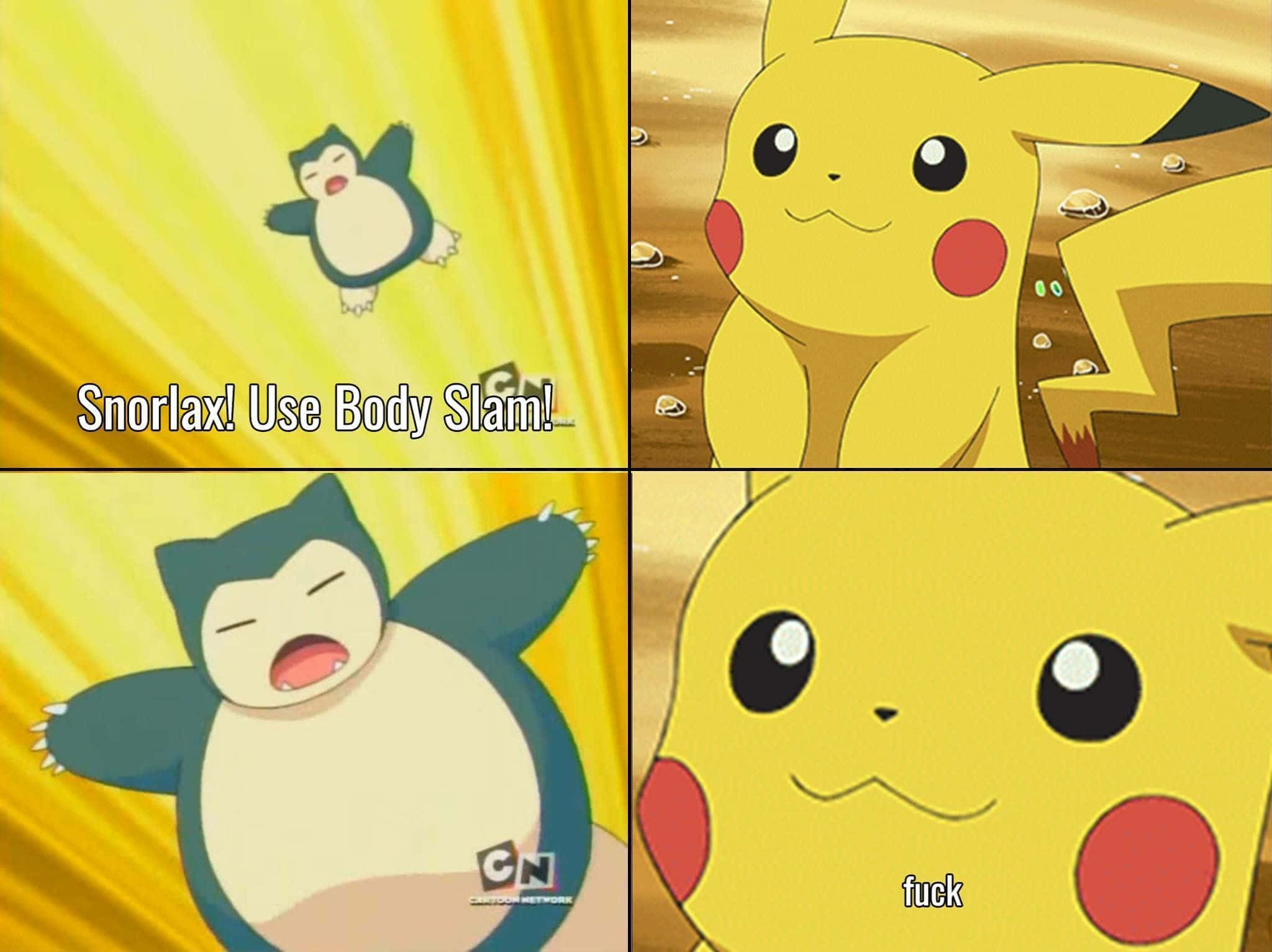 「一定要笑一笑！」 壁紙 — 四格動漫迷因，Snorlax 使用 Body Slam，Pikachu 震驚並輕微爆粗。