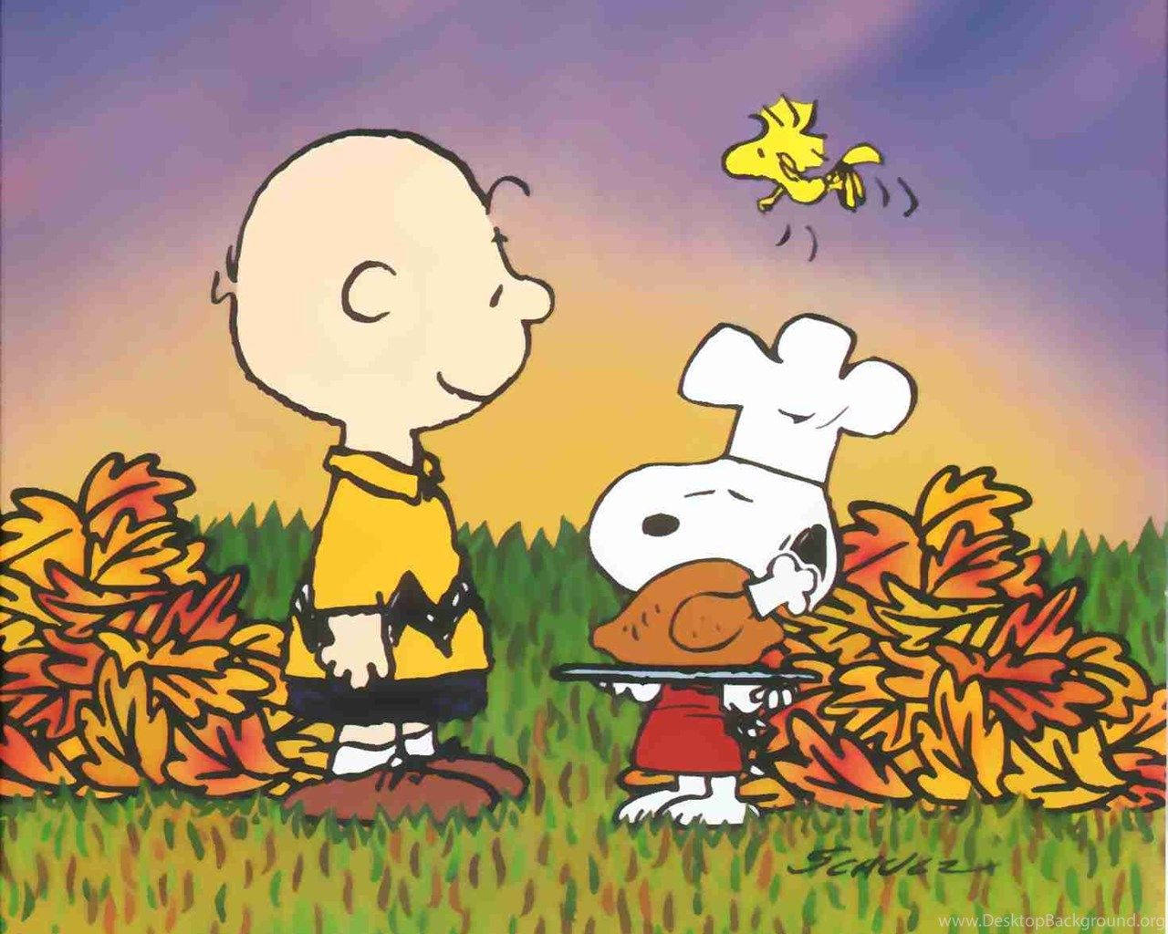 Charlie Brown 和 Snoopy 與火雞在秋天的落葉中，夕陽