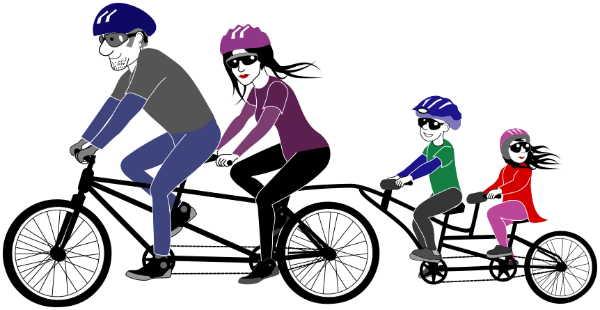 一家四口騎雙人自行車 壁紙 — 一家四口騎著長雙人單車，戴著頭盔和太陽眼鏡，風格化插圖。