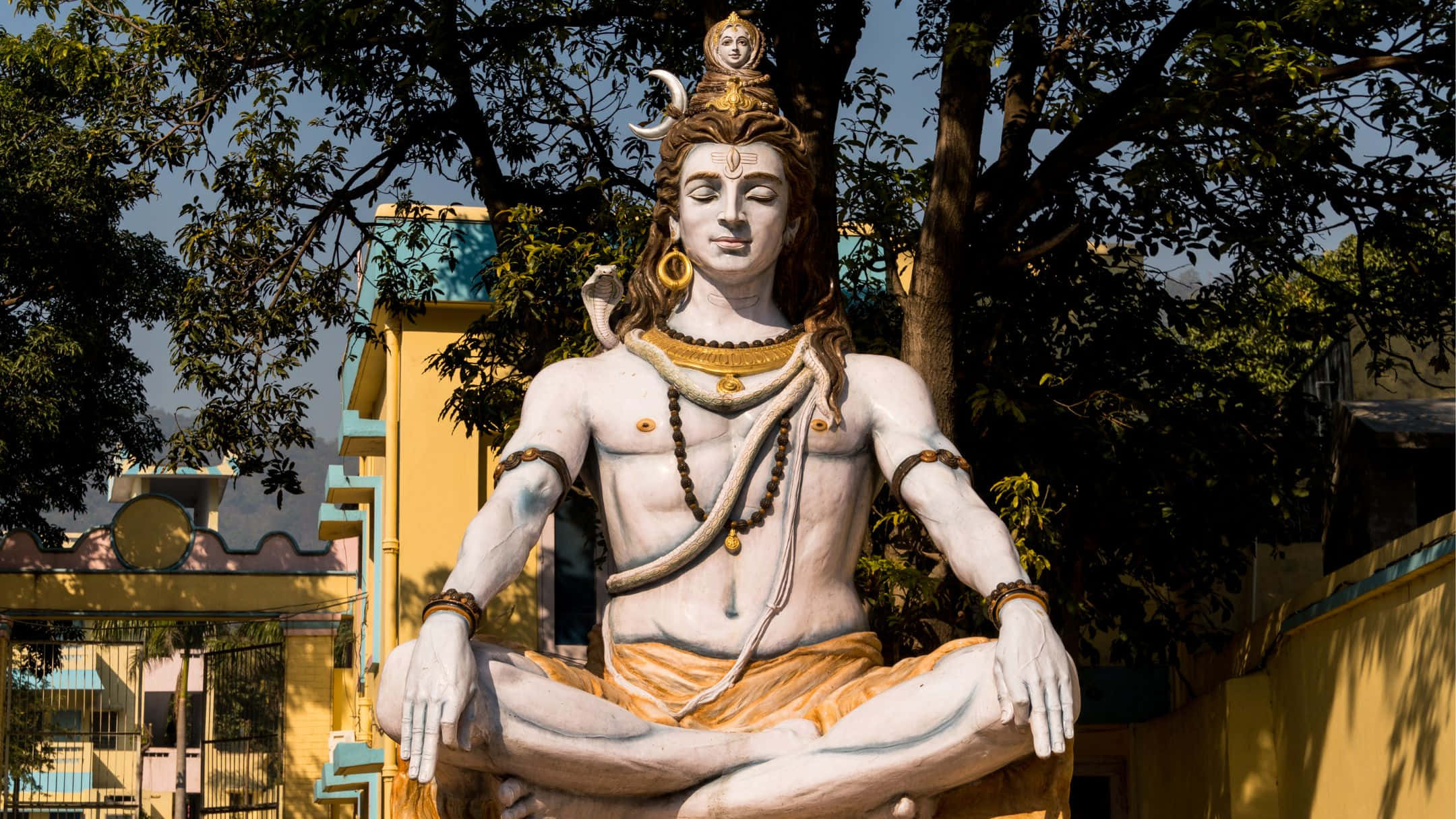 Shiva 桌布 壁紙 — 一尊寧靜的白色濕婆神像，在枝葉茂密的樹下盤腿冥想，飾有金色裝飾和彎月冠。