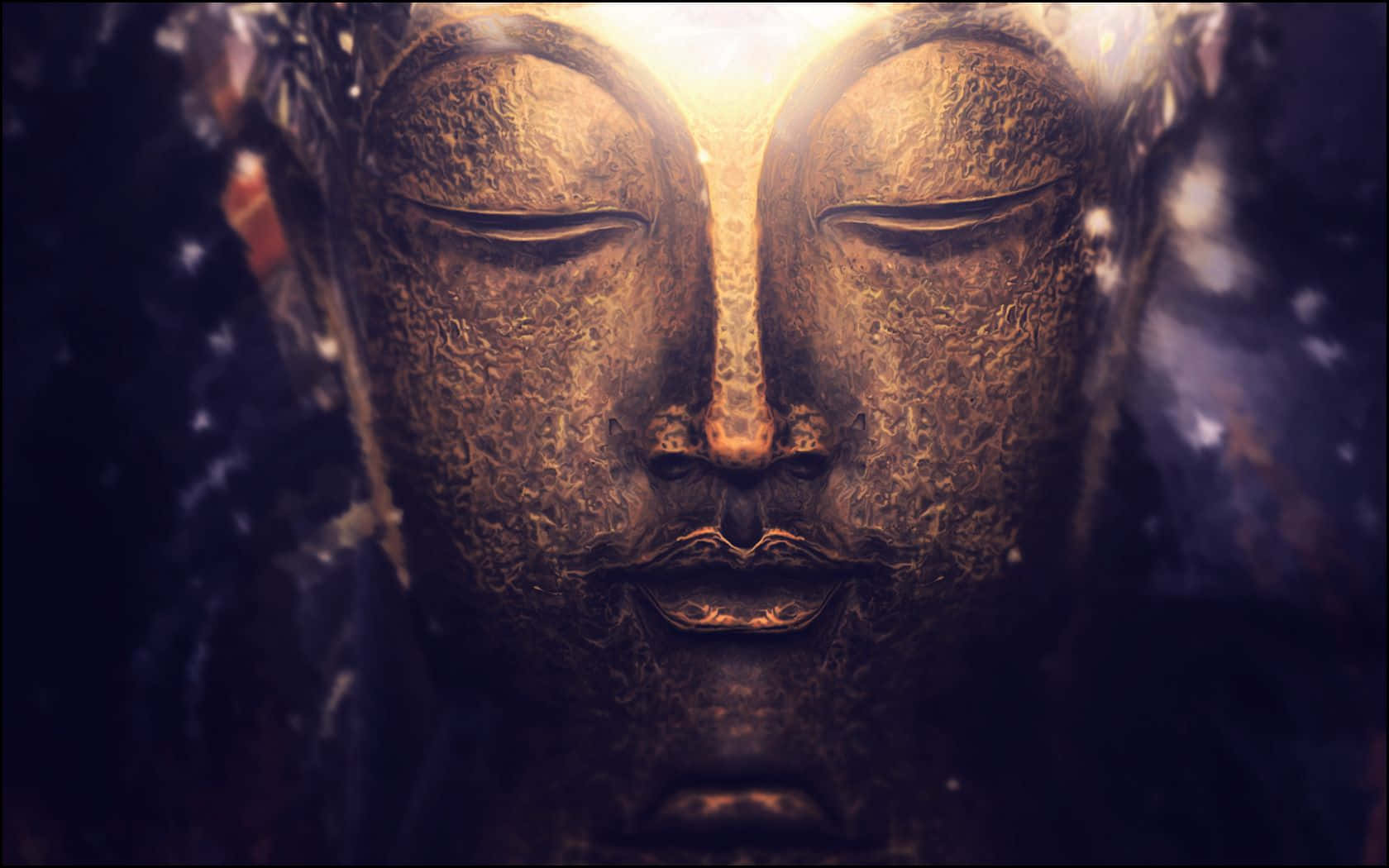 Spiritual Meditation 桌布 壁紙 — 一尊寧靜的金色佛像閉著眼睛，在黑暗的宇宙背景下散發出平靜的光芒。