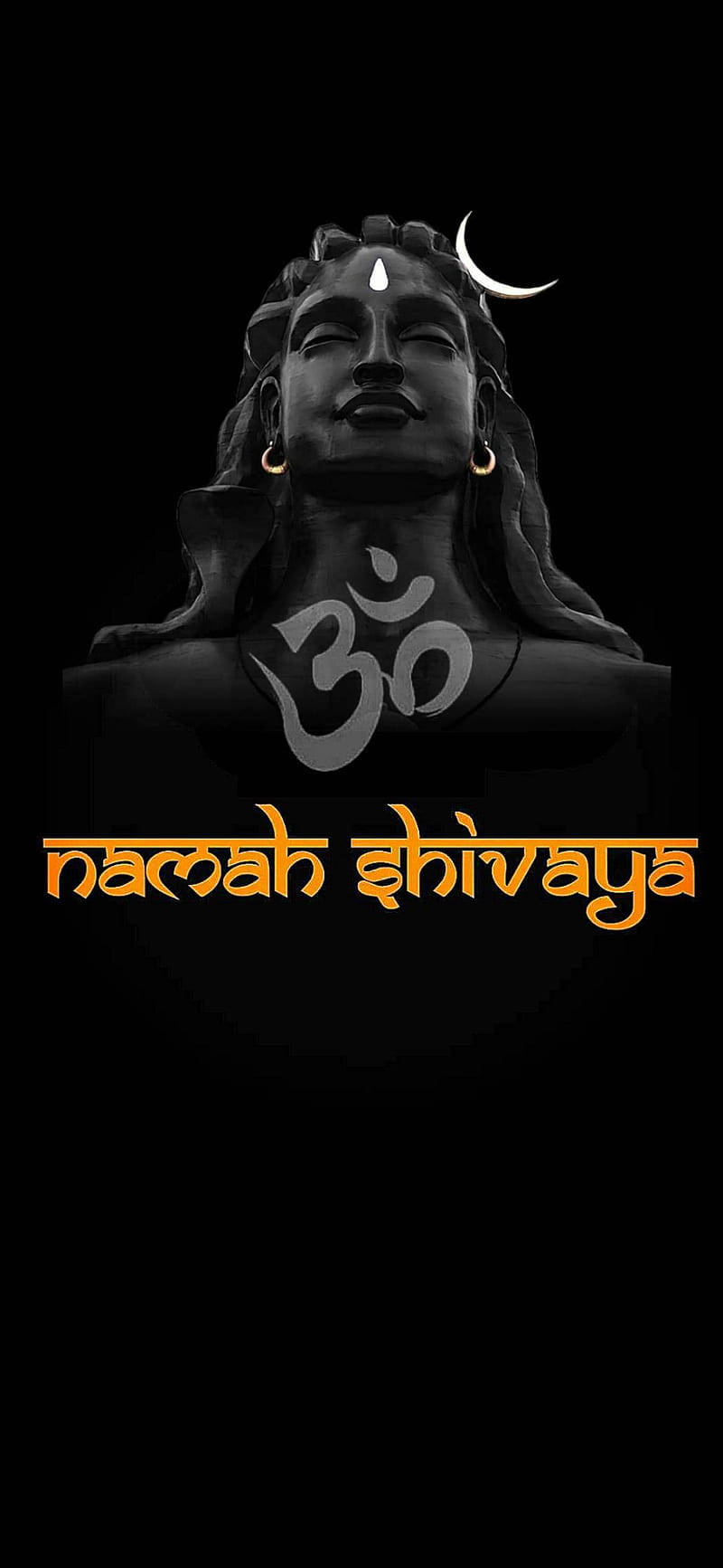 Om Namah Shivaya 桌布 壁紙 — 一尊深色濕婆雕像，帶有新月冠和 Om 符號，在黑色背景上閃耀金色文字。