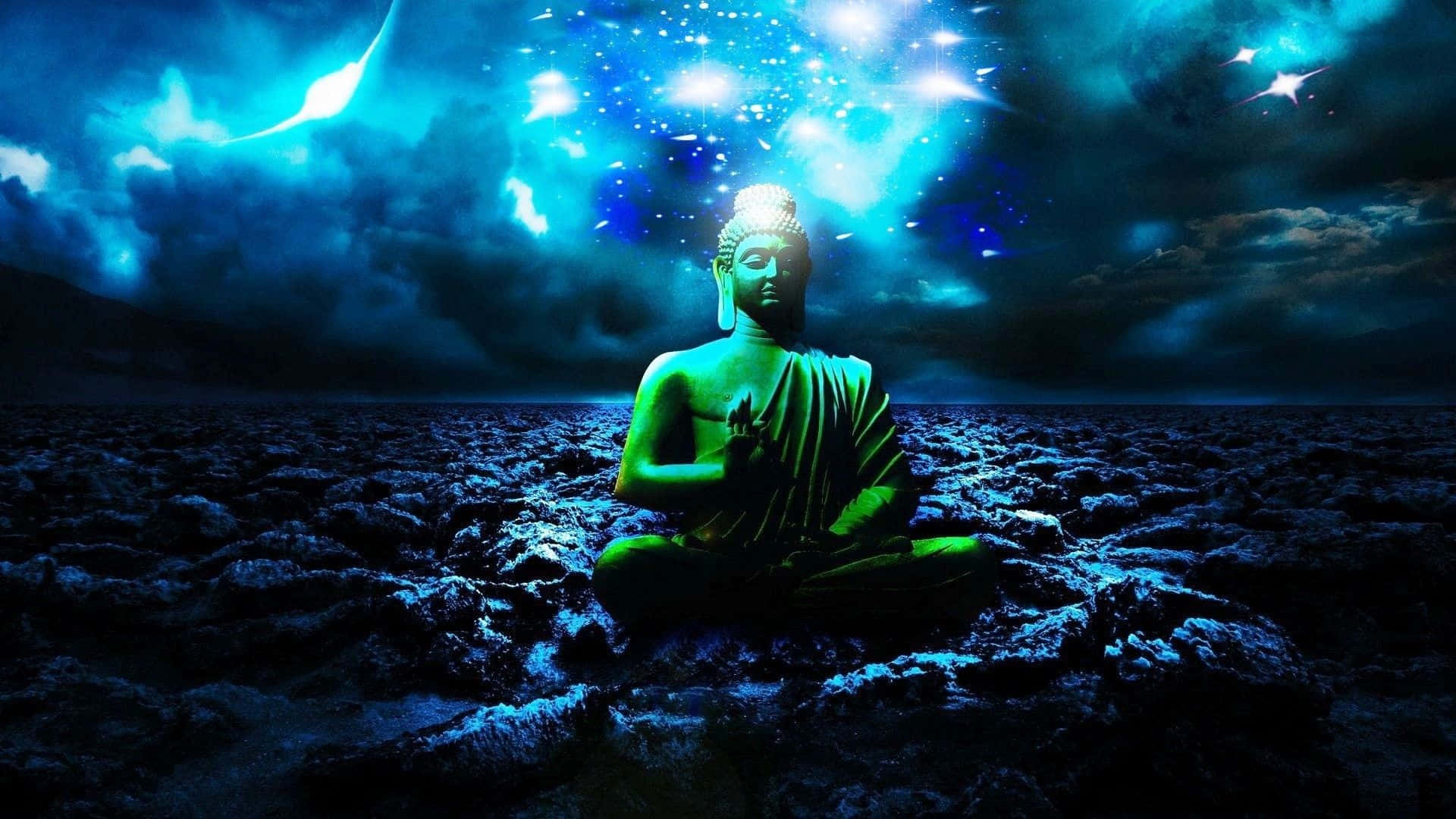 Spiritual Meditation 桌布 壁紙 — 一尊發光的綠色佛像在岩石海岸上寧靜地冥想，下方是風暴般的藍色天空，充滿了閃爍的星星。