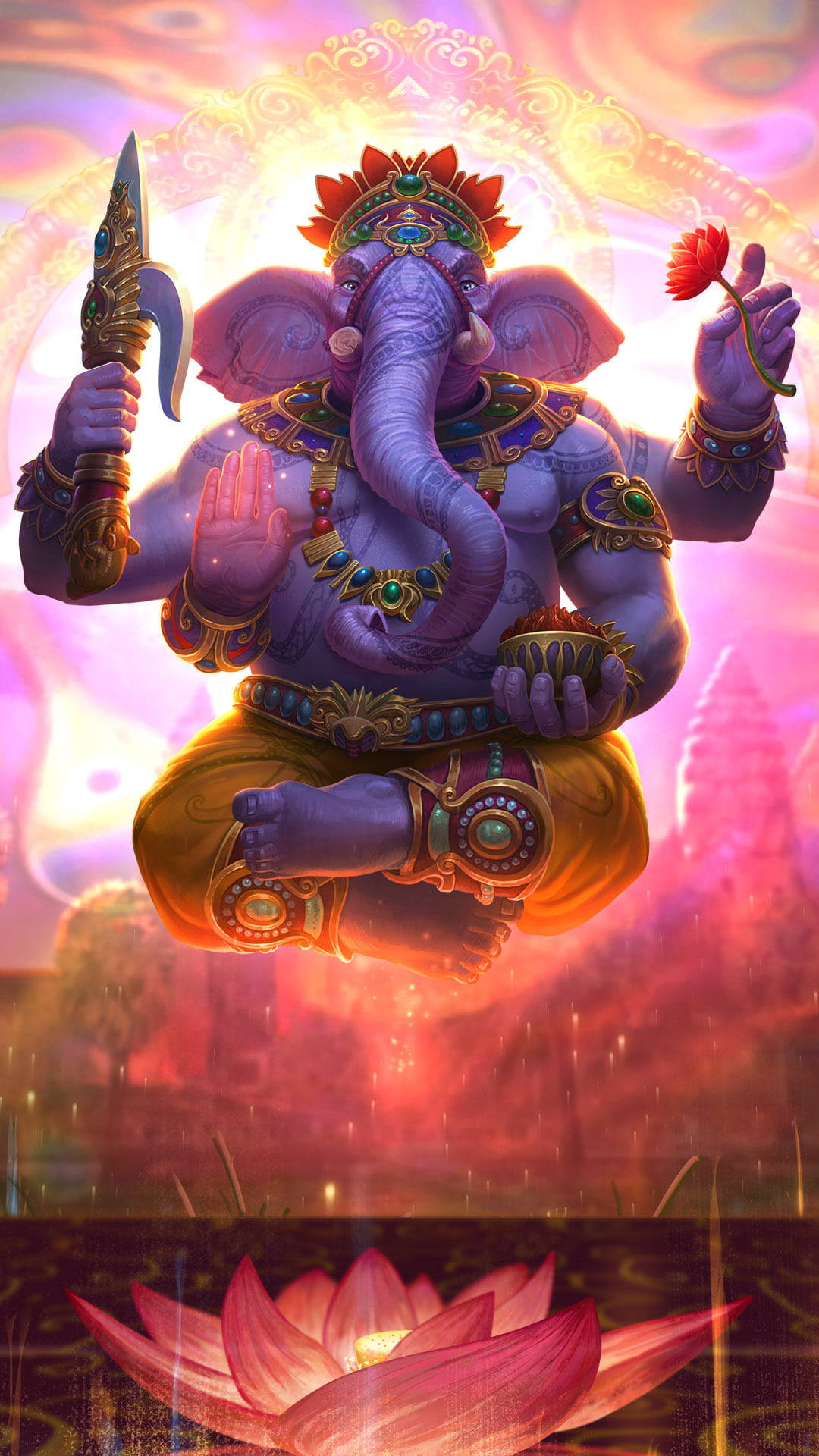 hindu iPhone 桌布 壁紙 — 一尊莊嚴的紫色象頭神，飾有華麗珠寶，漂浮在發光的粉紅色蓮花之上，背景是燦爛的宇宙。