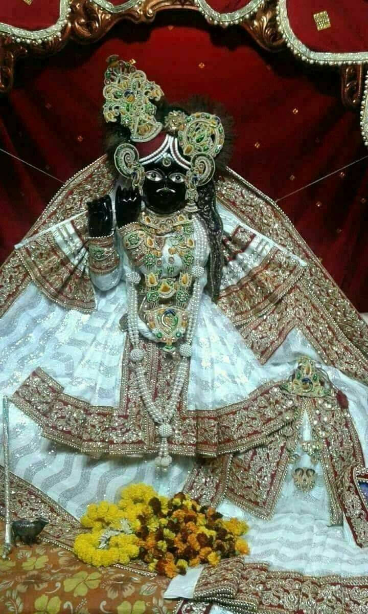 krishna god 桌布 壁紙 — 一尊裝飾華麗、皮膚黝黑的神像，戴著精緻的金色和綠色珠寶，威嚴地坐在紅色天鵝絨寶座上，周圍環繞著萬壽菊。