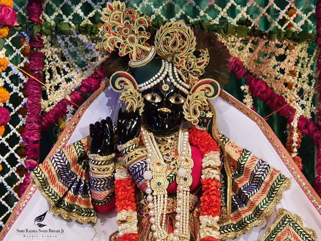 Krishna Janmashtami 桌布 壁紙 — 一尊裝飾華麗的黑色神像，佩戴金色珠寶和彩色花環，背景為圖案化的綠色和粉紅色。