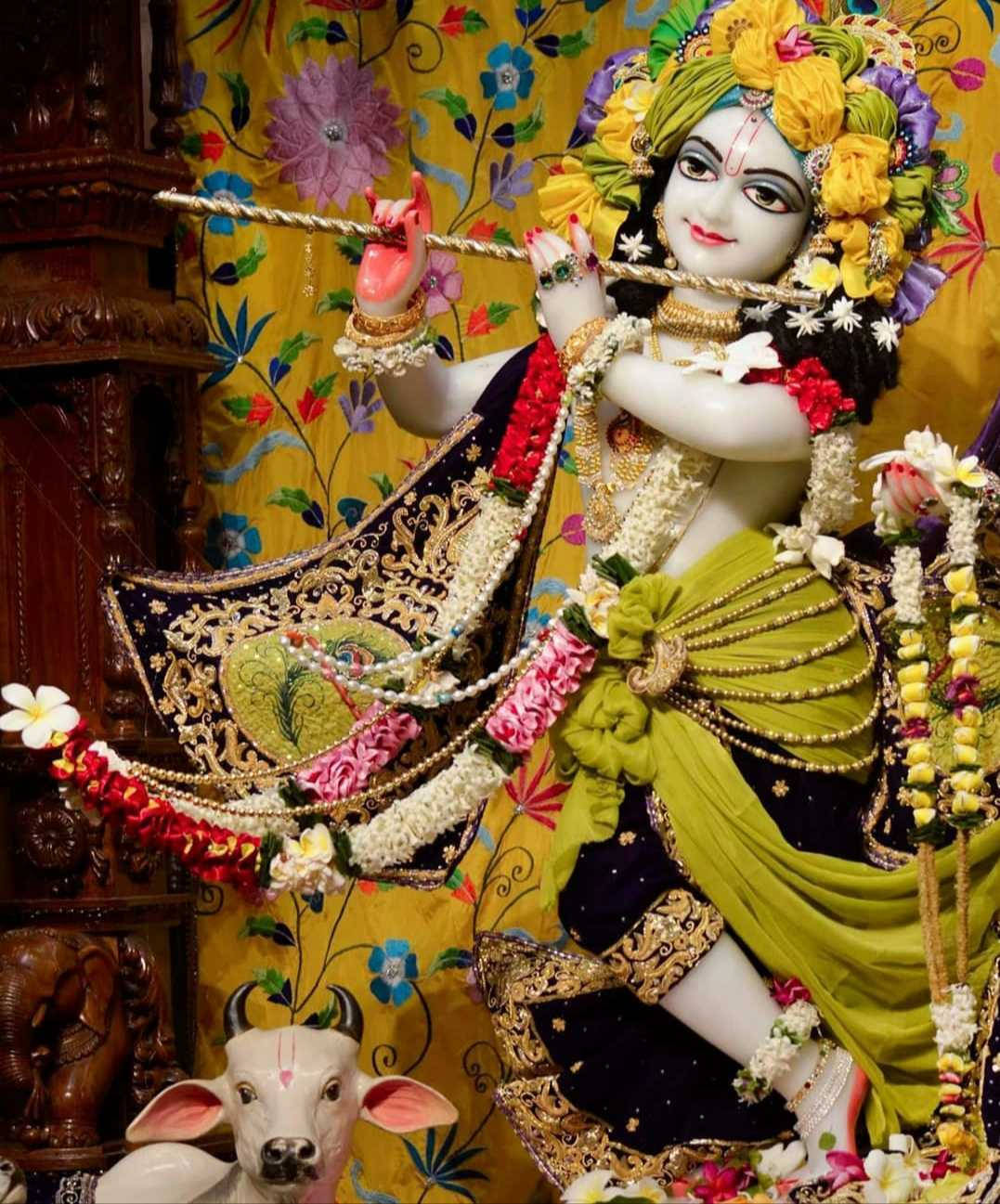 Hindu Temple 桌布 壁紙 — 一尊裝飾鮮豔的克里希納神像在花卉黃色背景前吹奏長笛，下方有一隻牛雕像。