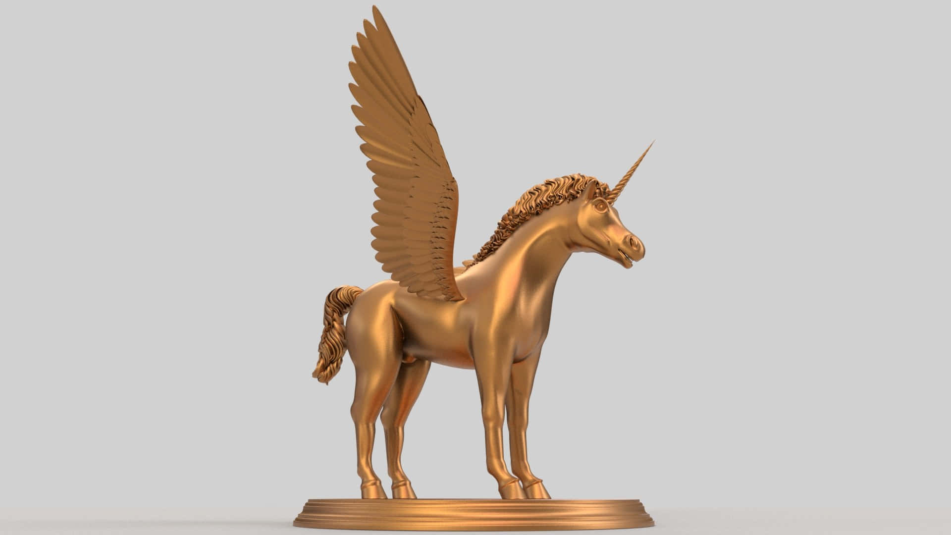 3d Unicorn 桌布 壁紙 — 一尊金色飛馬雕像，擁有精緻的翅膀和角，自豪地矗立在相配的底座上，背景是純灰色。