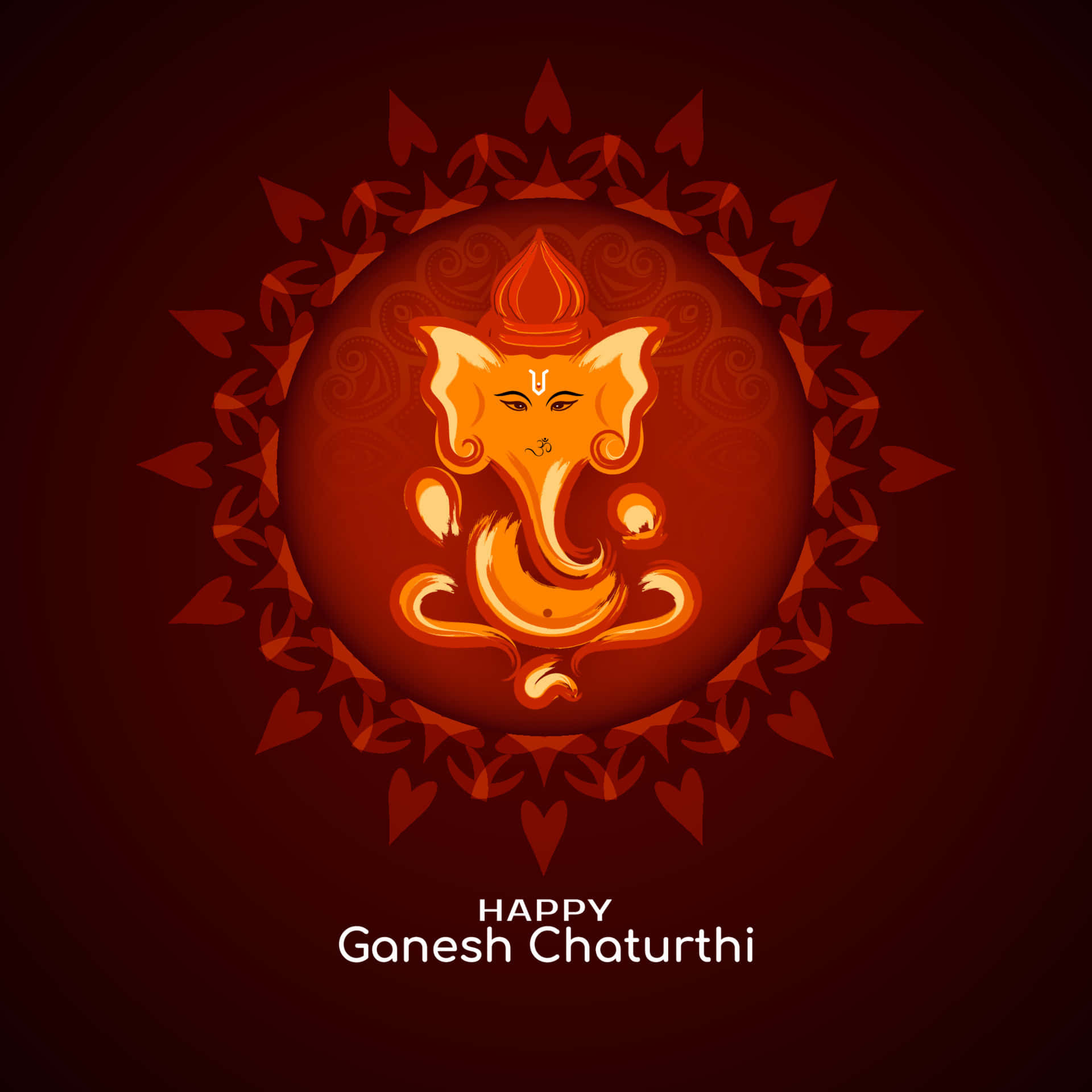 Ganesh Chaturthi 桌布 壁紙 — 一尊閃耀的金色象神雕像，位於發光的紅色曼陀羅中央，背景為深紅色，下方有節日文字。