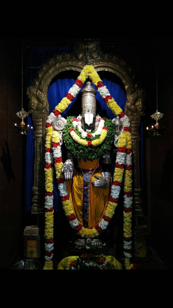 Lord Balaji 桌布 壁紙 — 一尊閃閃發光的銀色神像，飾以鮮豔的黃、紅、白色花環，在黑暗寺廟聖殿中，背襯深藍色帷幕，被照亮。