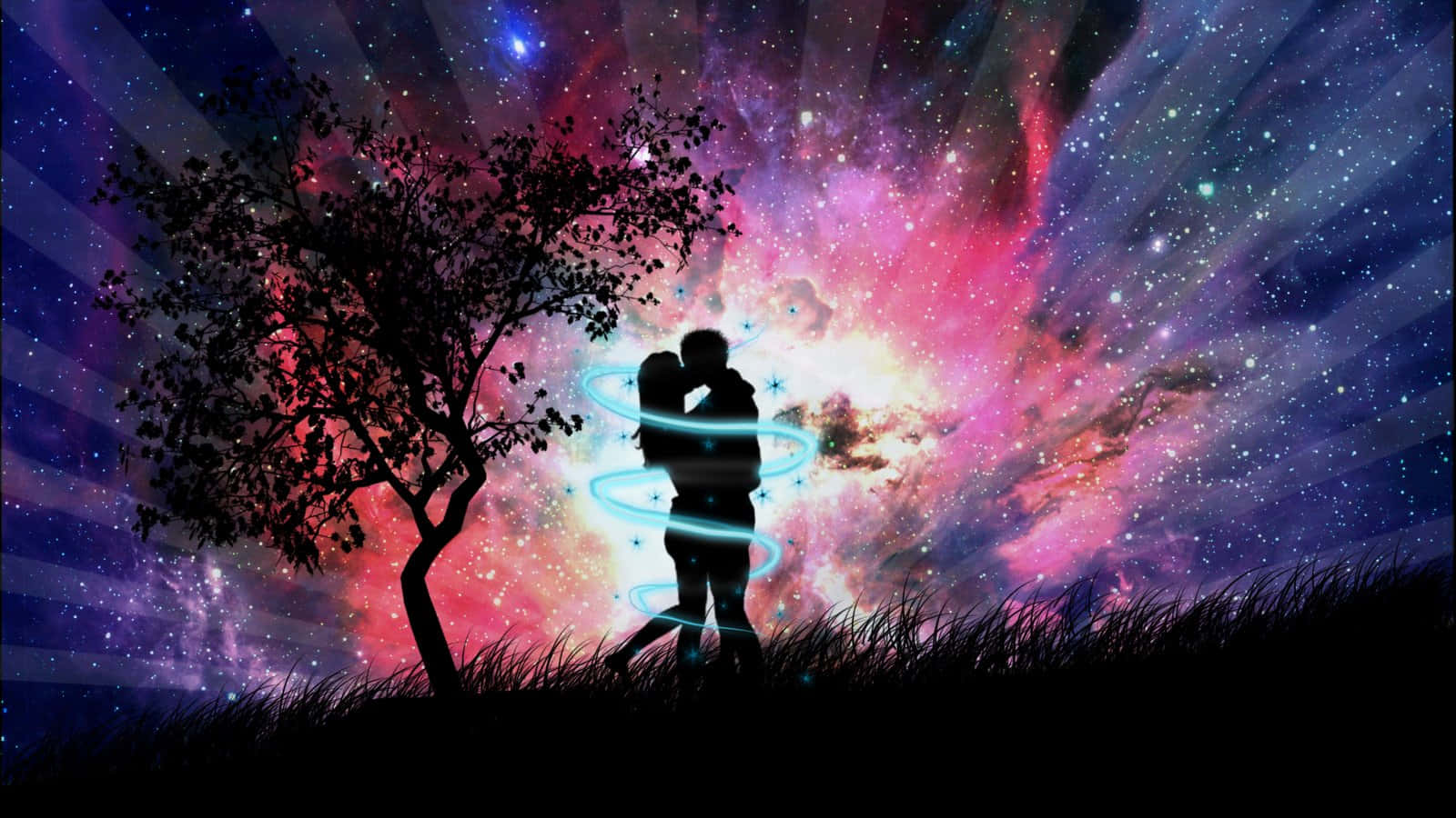 浪漫愛情 桌布 壁紙 — 一對剪影情侶在充滿活力的宇宙天空下擁抱，旁邊有一棵發光的樹。