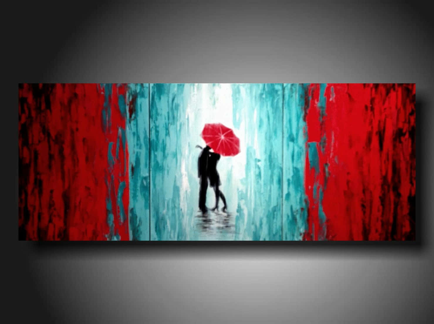 Contemporary Art 桌布 壁紙 — 一對剪影情侶在雨天下共用一把鮮紅色的雨傘，周圍是鮮明的紅色和藍綠色抽象筆觸。