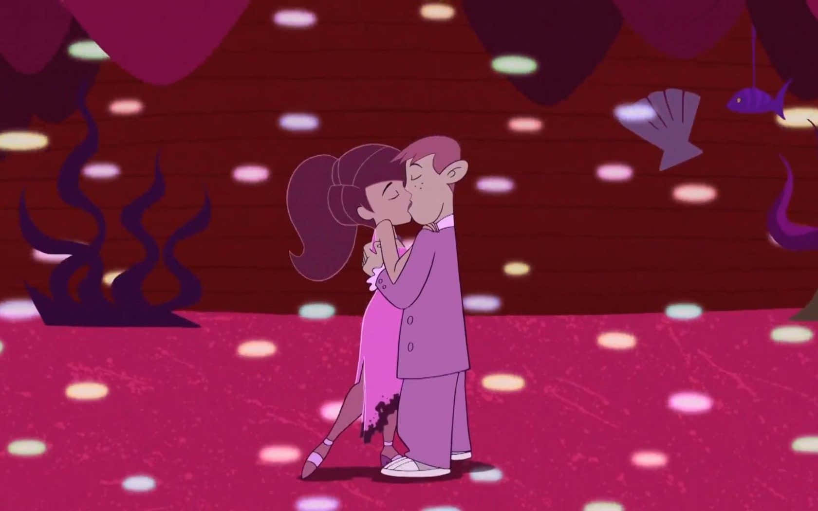 kim possible 桌布 壁紙 — 一對卡通情侶在發光的燈光下接吻，身處一個超現實的水下夜總會，周圍漂浮著魚和貝殼。