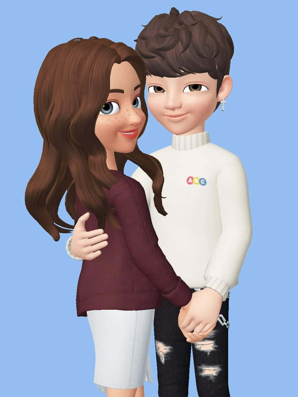 Zepeto 桌布 壁紙 — 一對卡通情侶在純藍色背景前溫暖地擁抱，帶著親密的聯繫微笑。