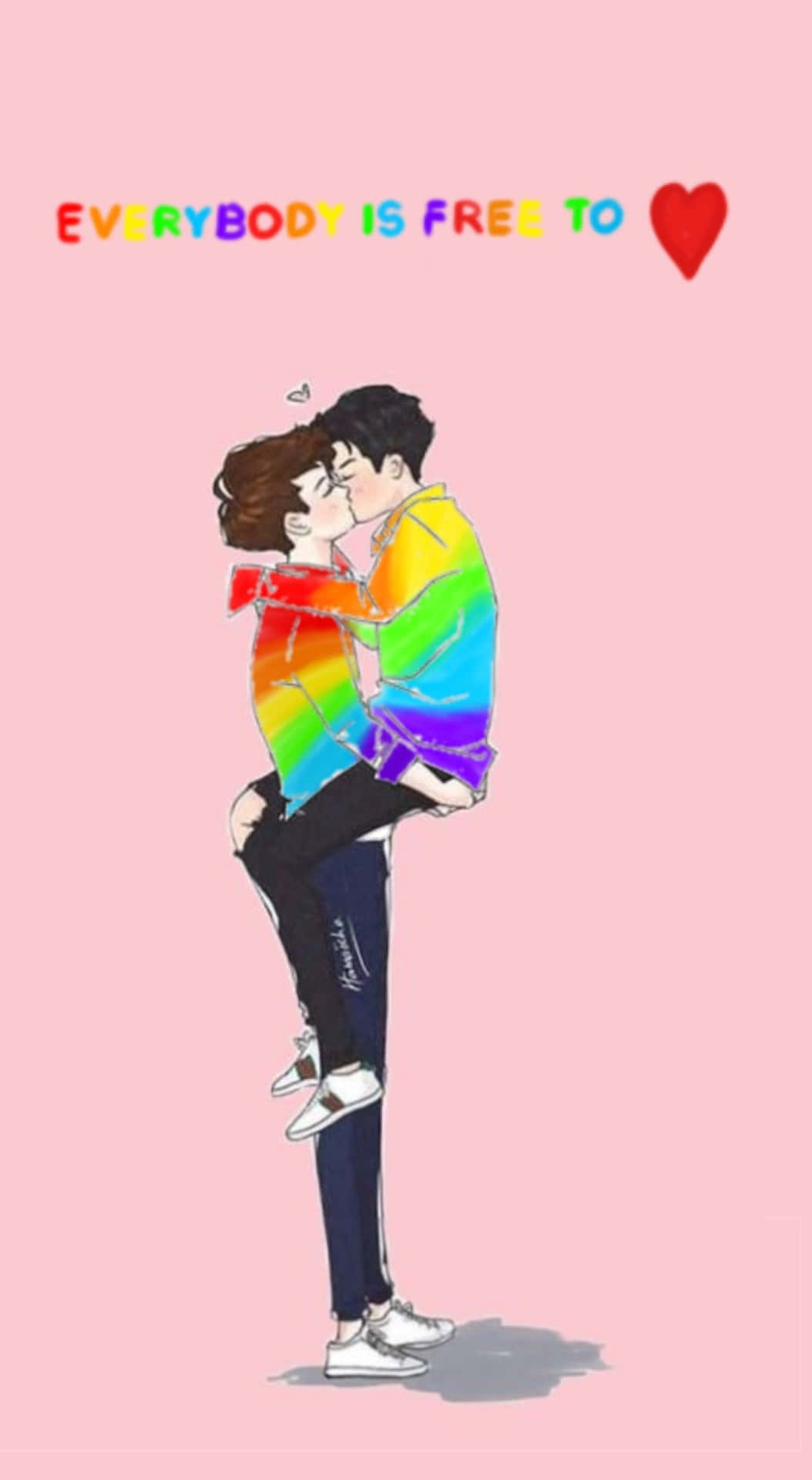 Lovers 桌布 壁紙 — 一對卡通情侶穿著彩虹毛衣，在柔和的粉紅色背景上熱情接吻，並帶有「EVERYBODY IS FREE TO ❤️」文字。