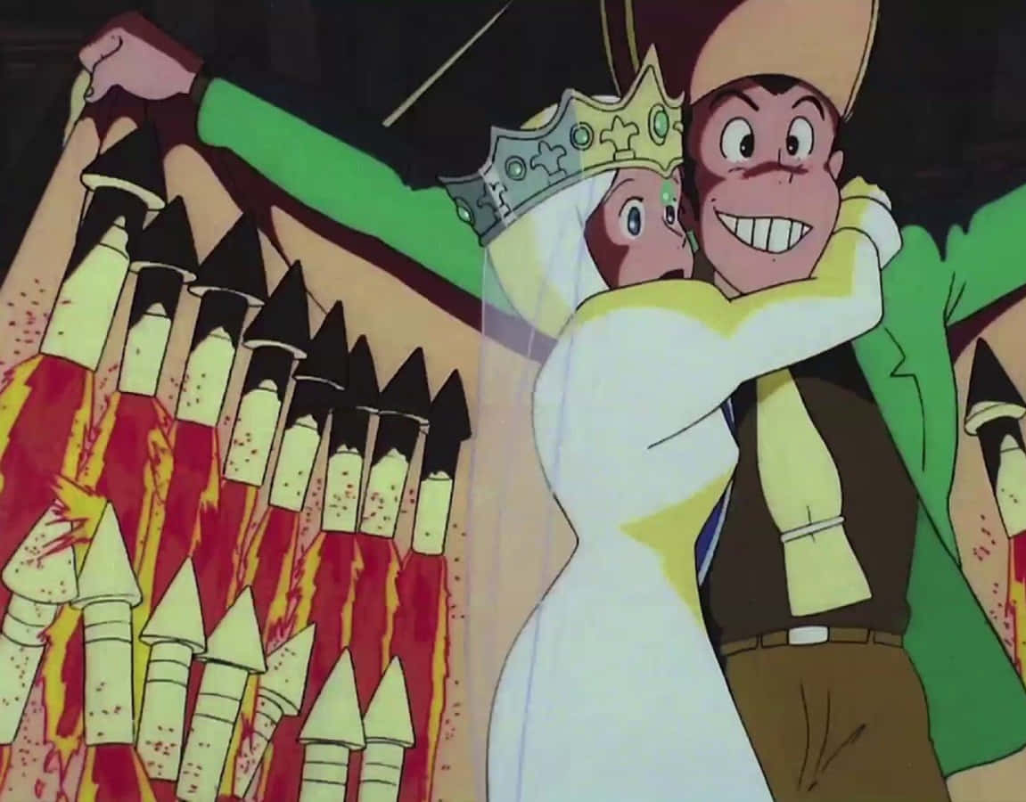 Lupin Iii The Castle Of Cagliostro 桌布 壁紙 — 一對卡通新娘和新郎愉快地擁抱，身後有一隻綠色手臂舉著一面火焰火箭牆。