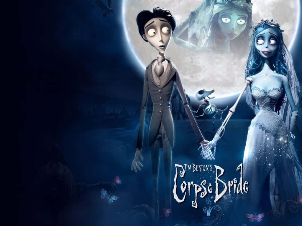 corpse bride 桌布 壁紙 — 一對哥德式動畫情侶在滿月下手牽手，身後有一個幽靈般的新娘若隱若現。