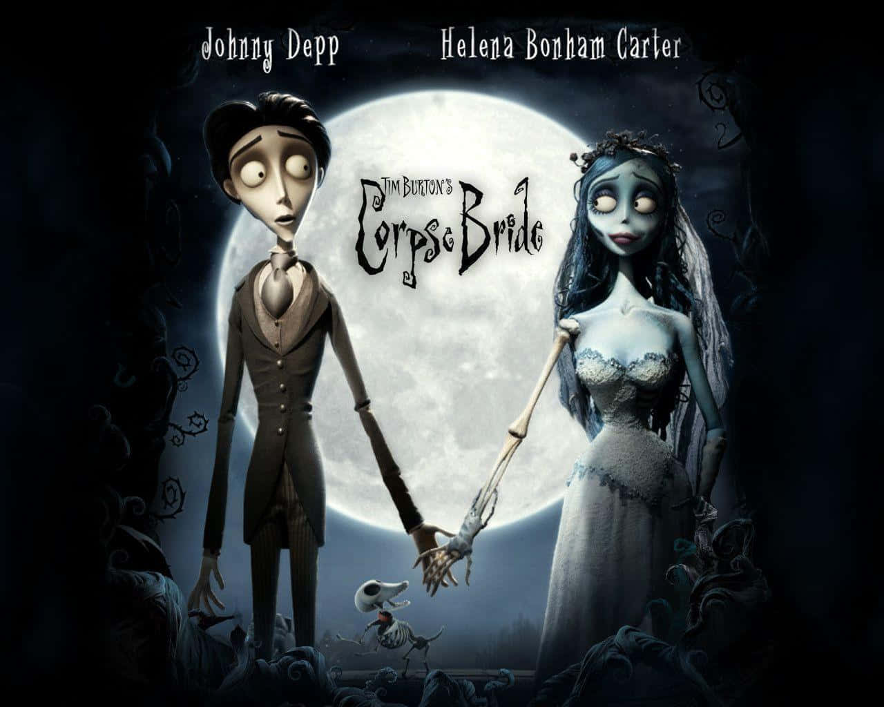 corpse bride 桌布 壁紙 — 一對哥德式動畫情侶在滿月下於黑暗奇幻的墓地場景中牽手。