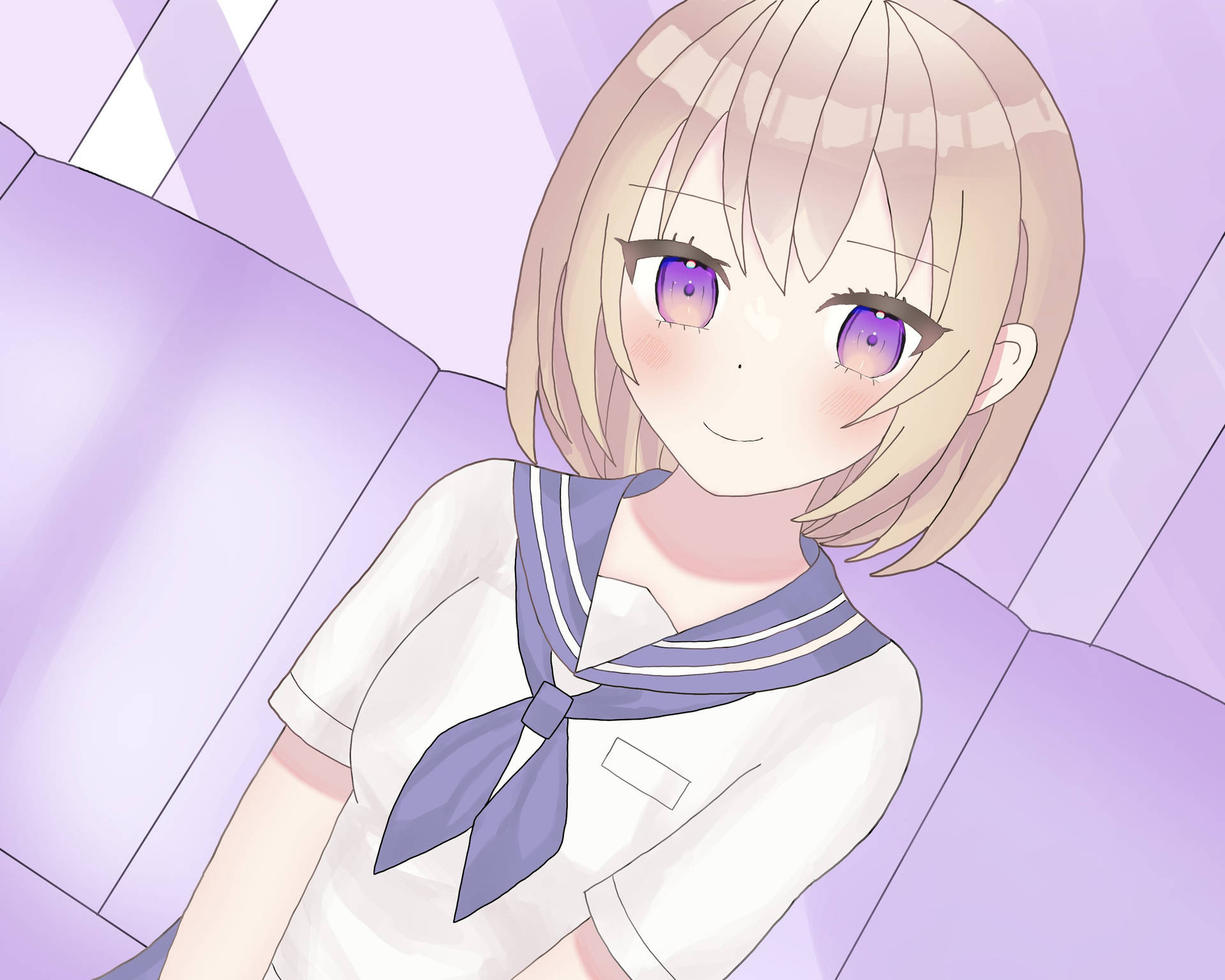 動漫女孩穿著水手服微笑，紫色眼睛，紫色幾何背景