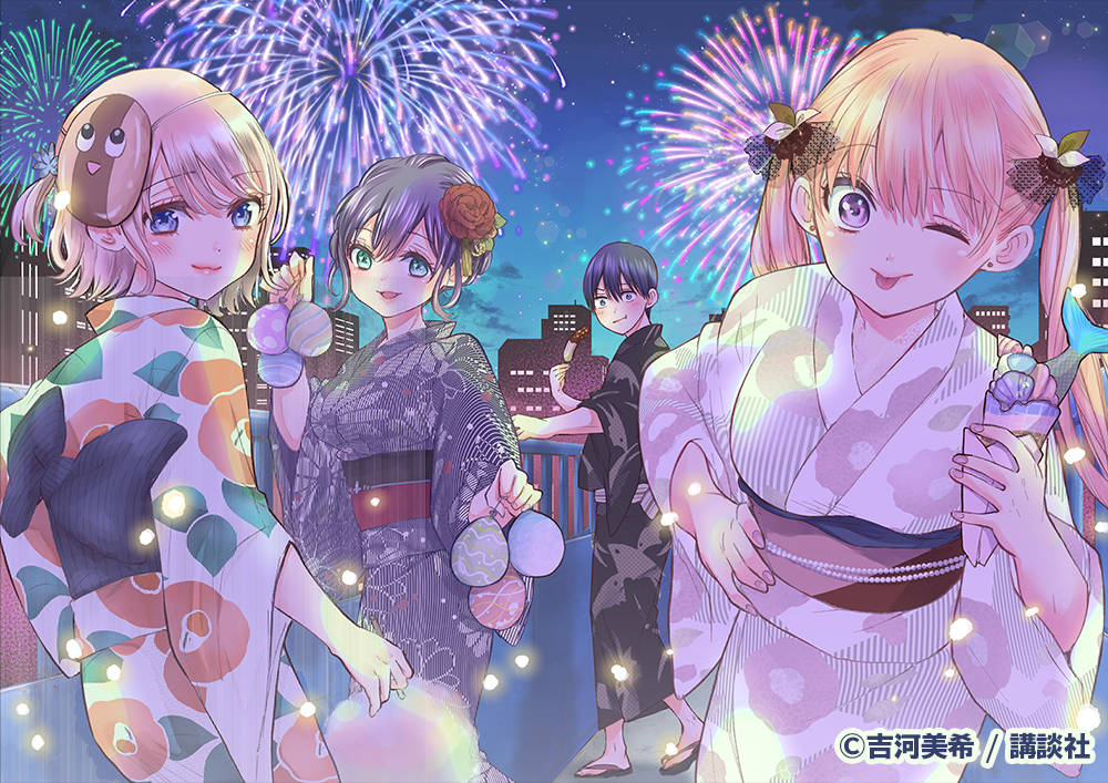 四個穿著和服嘅動畫女仔喺夜晚城市上空欣賞煙花。
