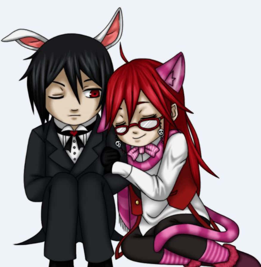 Grell Sutcliff 桌布 壁紙 — 一對帶有兔耳和貓耳的可愛動漫情侶在純色背景前緊緊依偎。