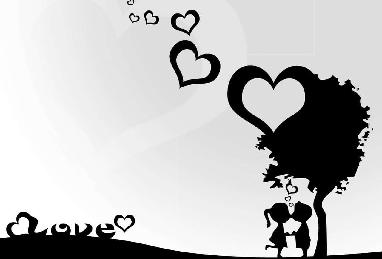 Lovers 桌布 壁紙 — 一對情侶剪影在心形樹下接吻，周圍有漂浮的心形和love字樣，背景為白色。
