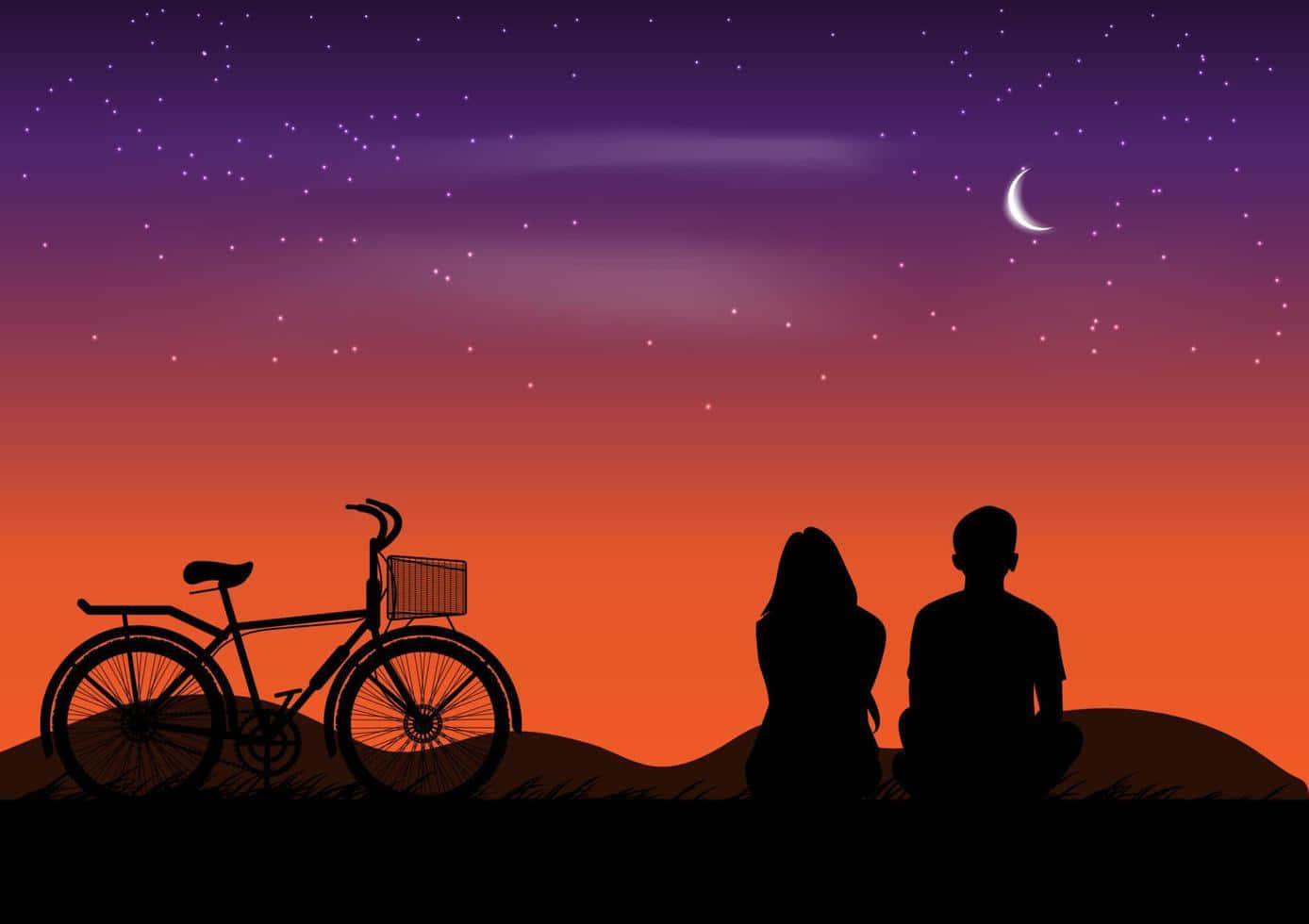 Lovers 桌布 壁紙 — 一對情侶和一輛單車的剪影，在繁星點點的暮色天空下，新月彎彎，歇息在山丘上。