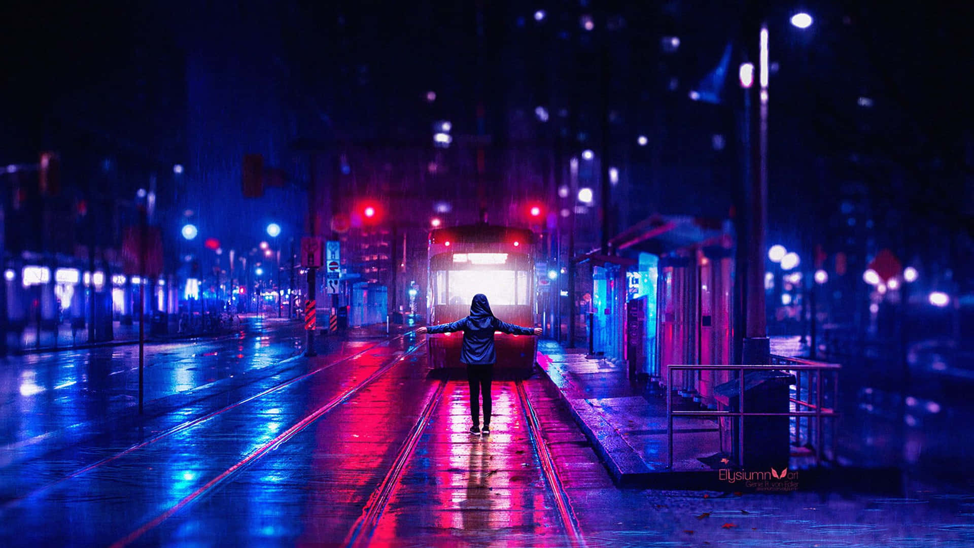 人站在雨中的城市街道上，霓虹燈光映照在濕漉漉的路面上。